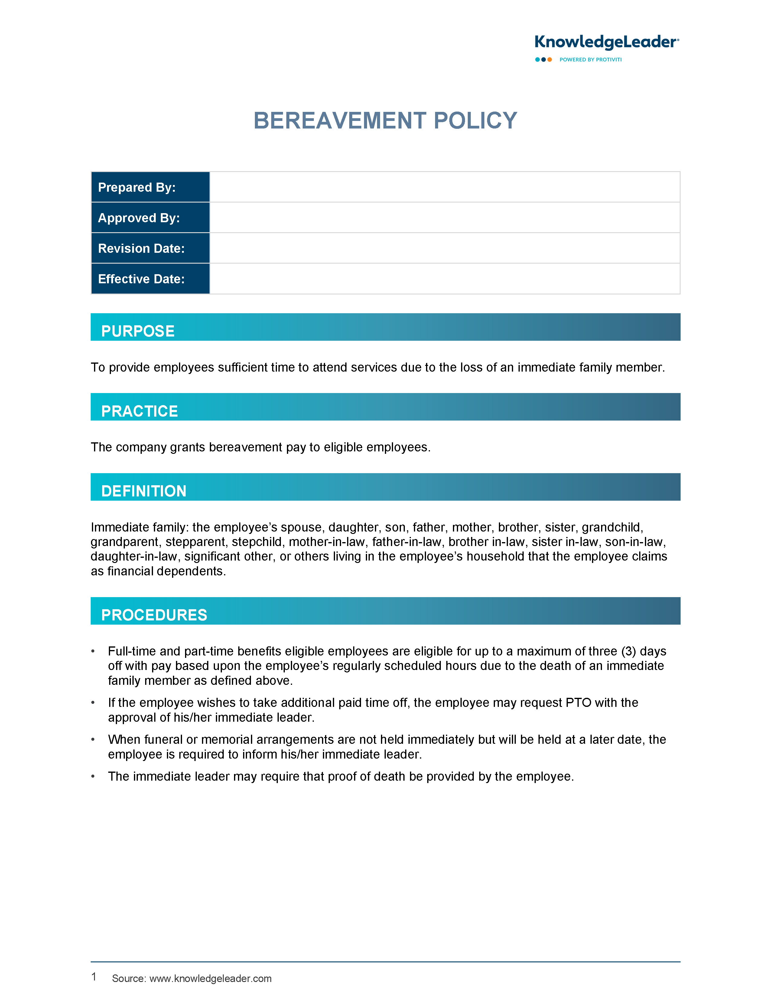 screenshot of the first page of Bereavement Policy
