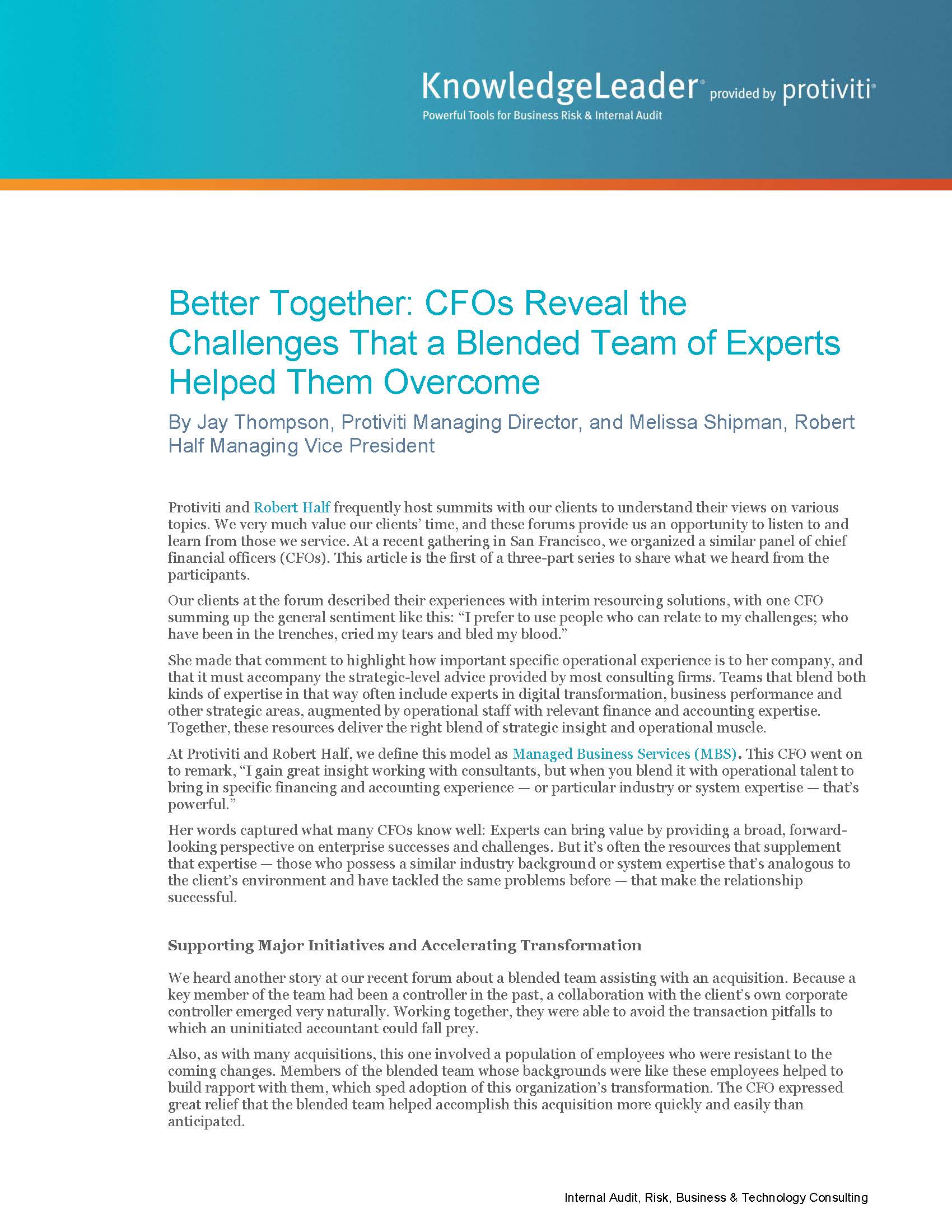 Screenshot of the first page of Better Together CFOs Reveal the Challenges That a Blended Team of Experts Helped Them Overcome