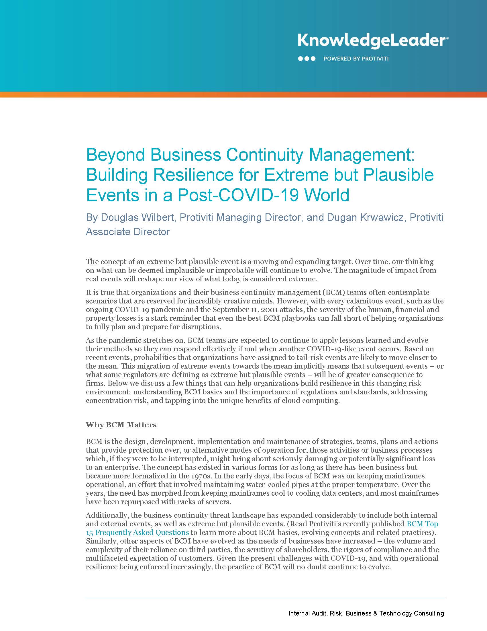 Screenshot of the first page of Beyond Business Continuity Management Building Resilience for Extreme but Plausible Events in a Post-COVID-19 World