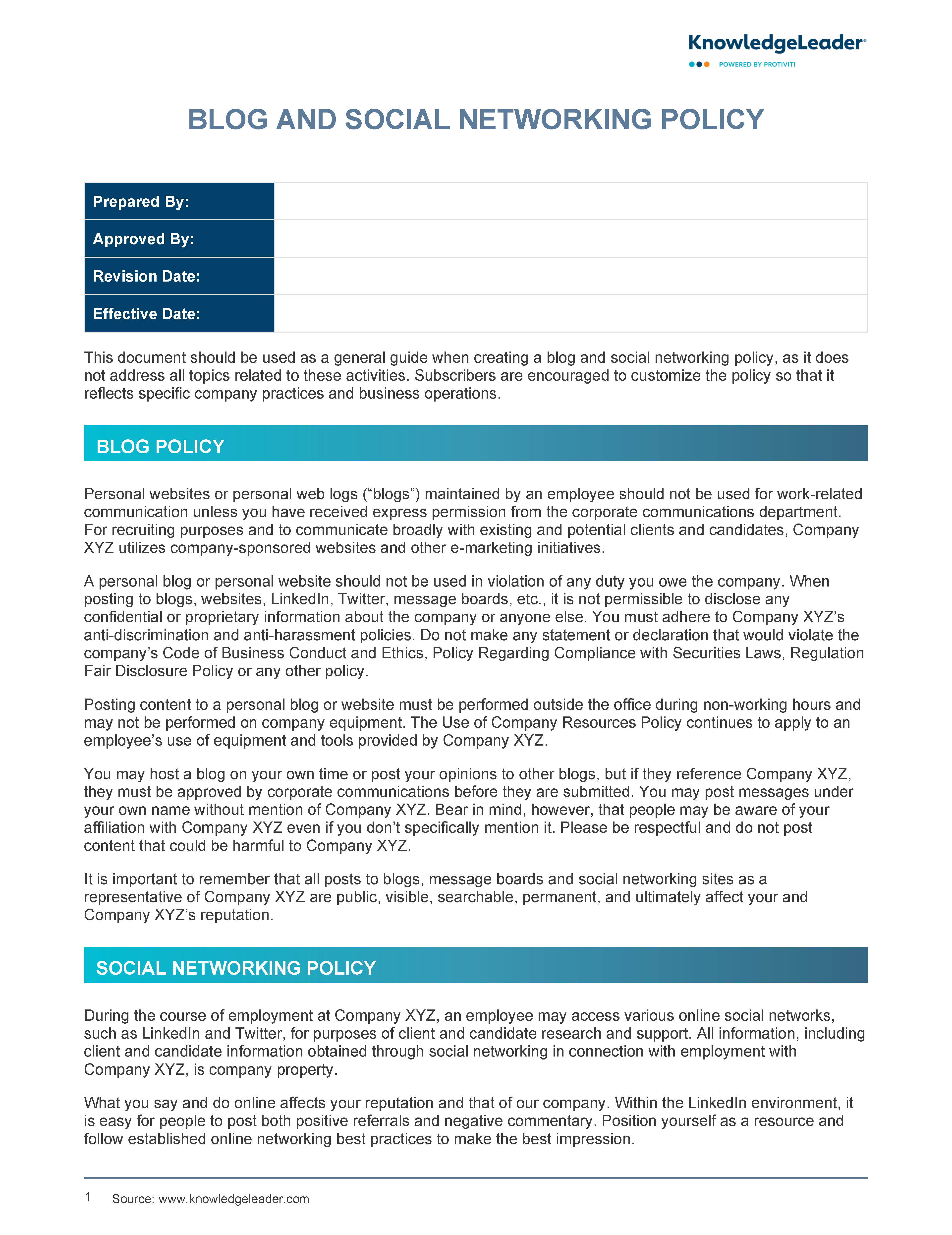 Screenshot of the first page of Blog and Social Networking Policy