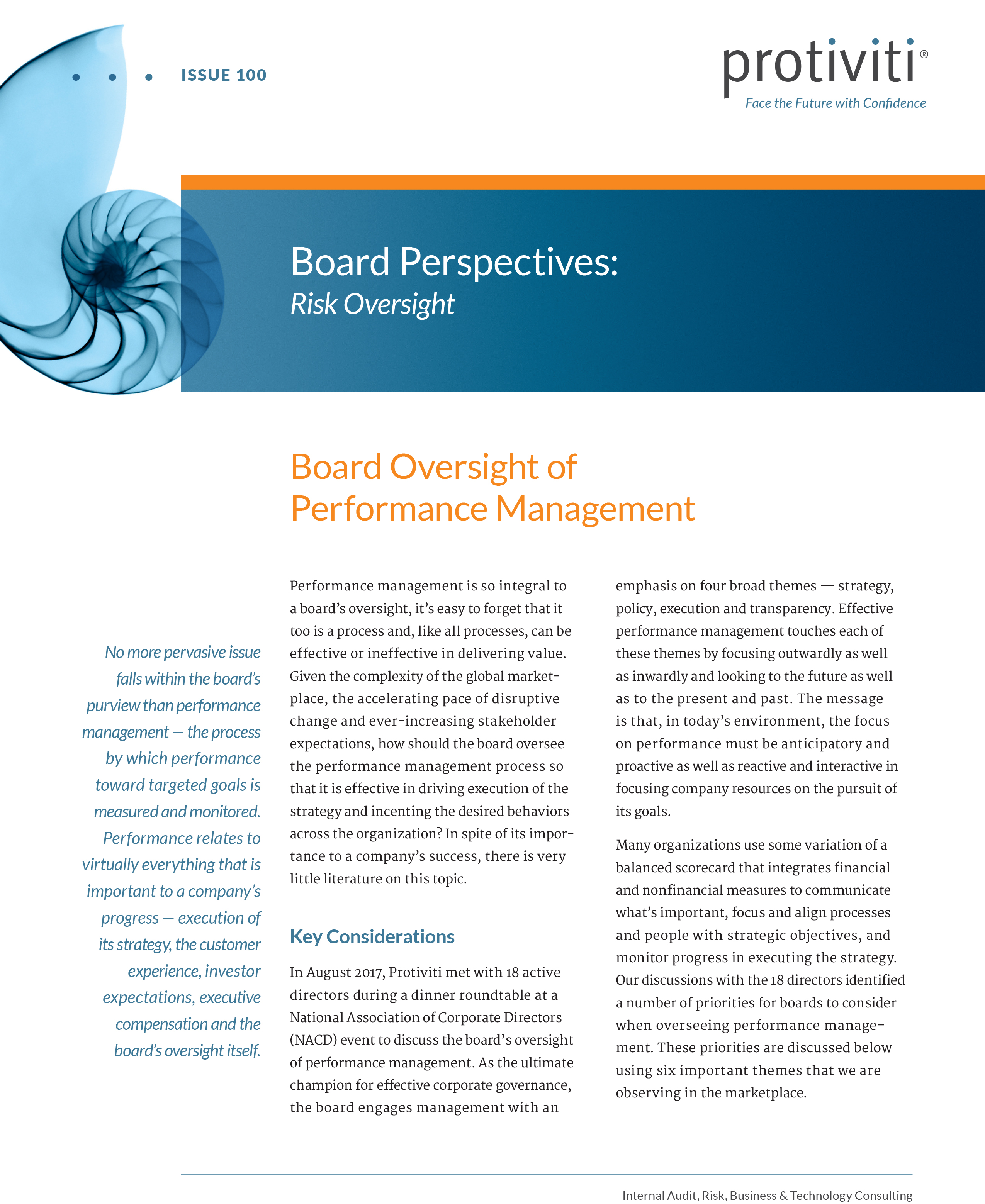 Screenshot of the first page of Board Oversight of Performance Management-Board Perspectives-Risk Oversight, Issue 100