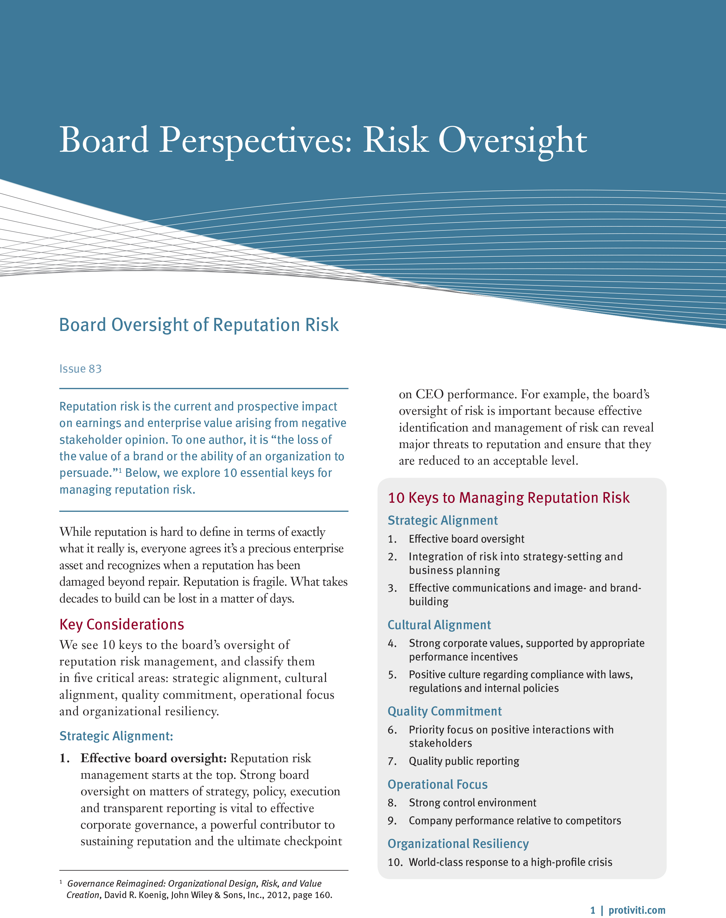 Screenshot of the first page of Board Oversight of Reputation Risk