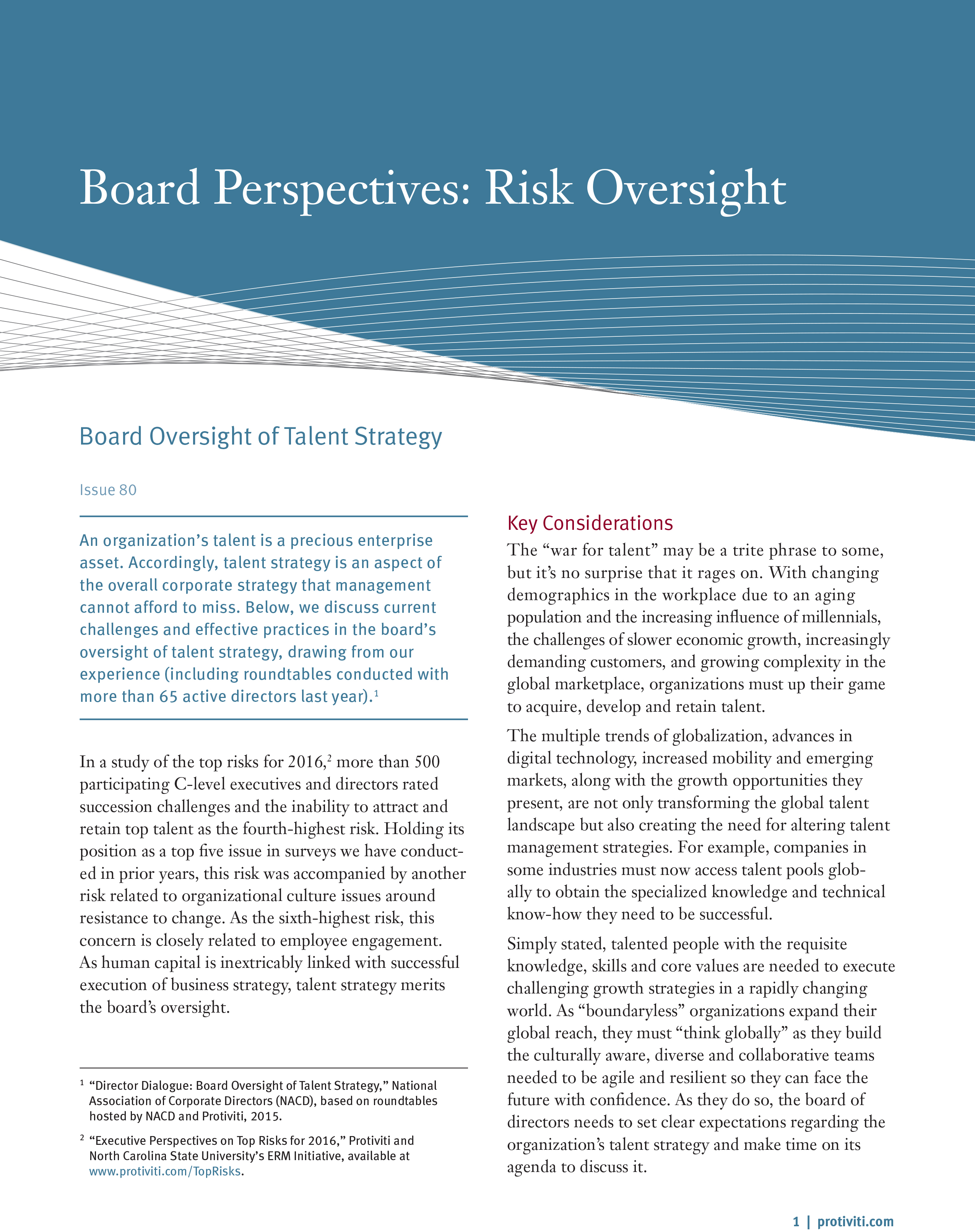Screenshot of the first page of Board Oversight of Talent Strategy