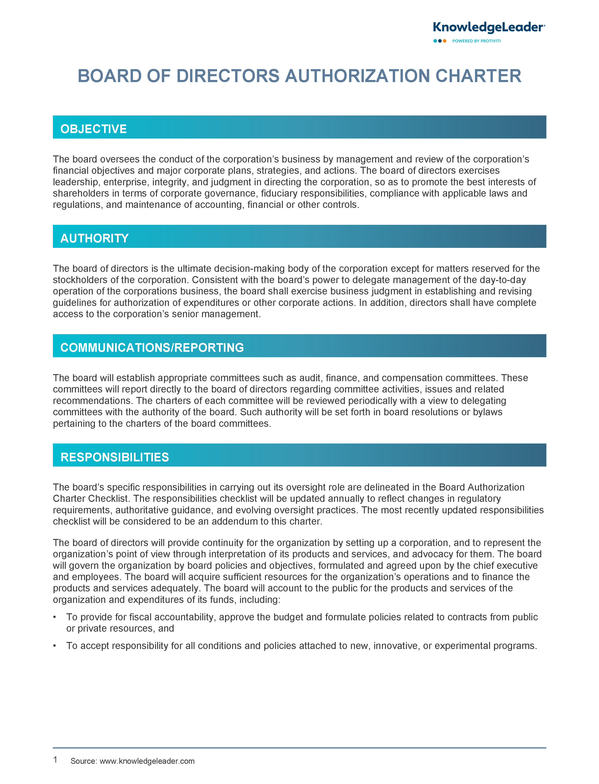 Screenshot of the first page of Board of Directors Authorization Charter