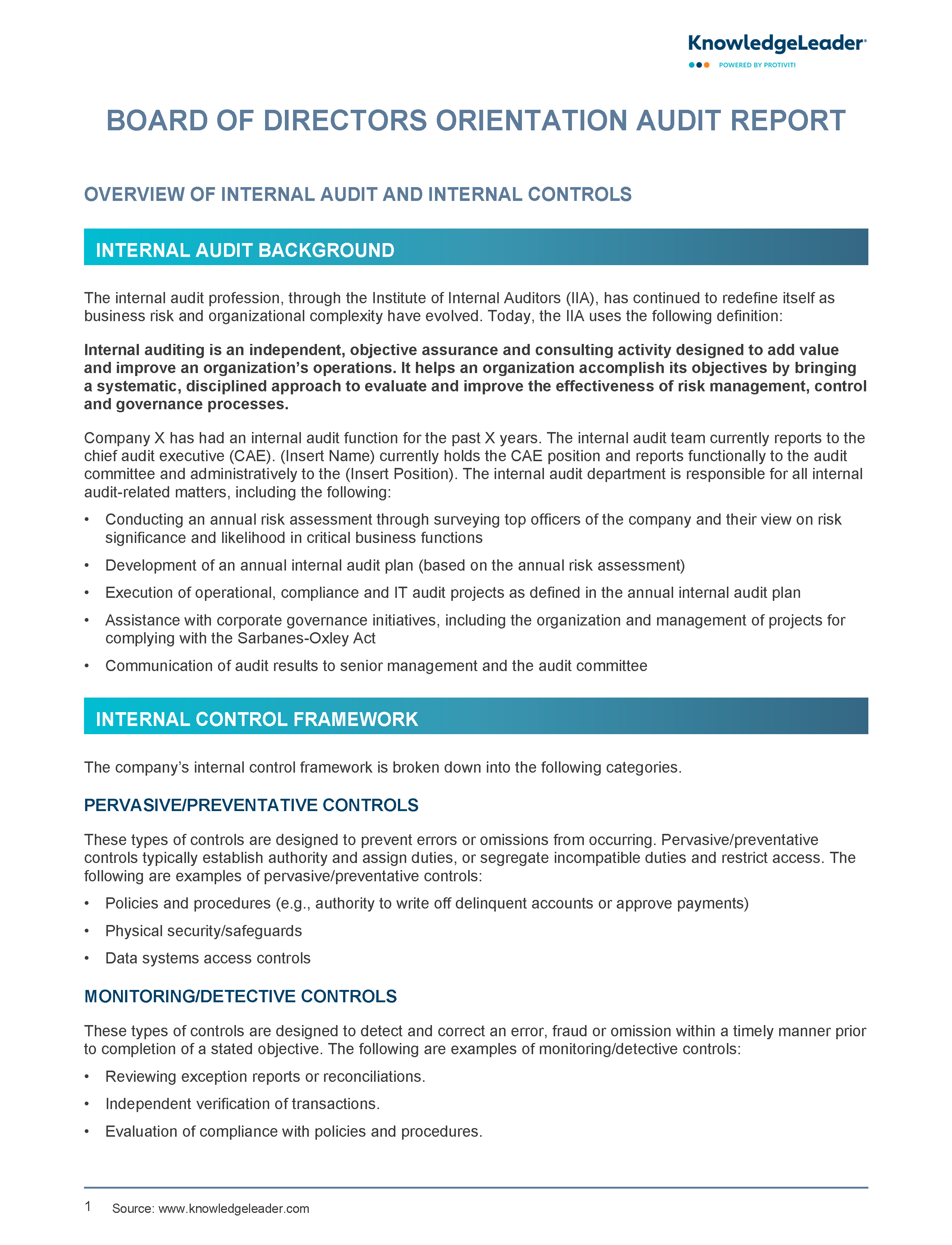 Screenshot of the first page of Board of Directors Orientation Audit Report