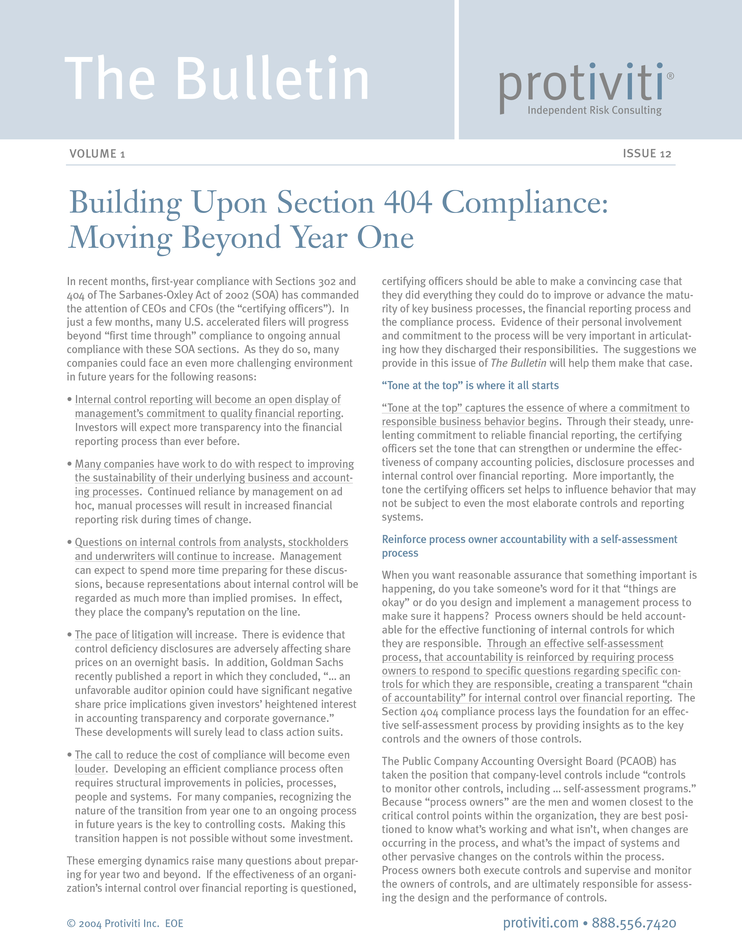 Screenshot of the first page of Building Upon Section 404 Compliance - Moving Beyond Year One
