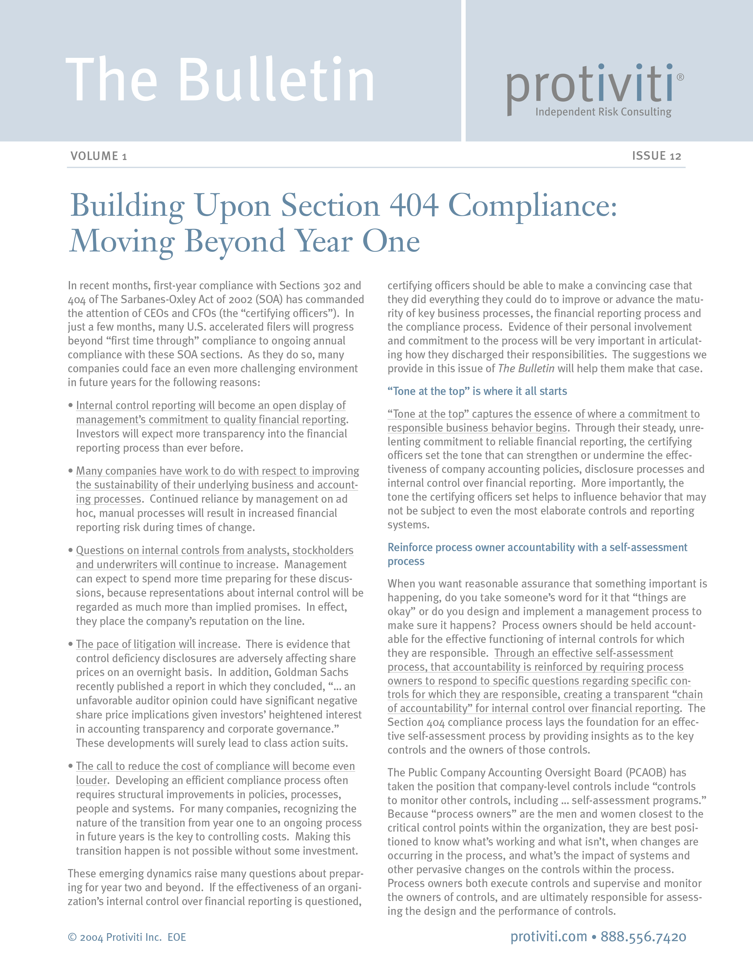 Screenshot of the first page of Building Upon Section 404 Compliance - Moving Beyond Year One
