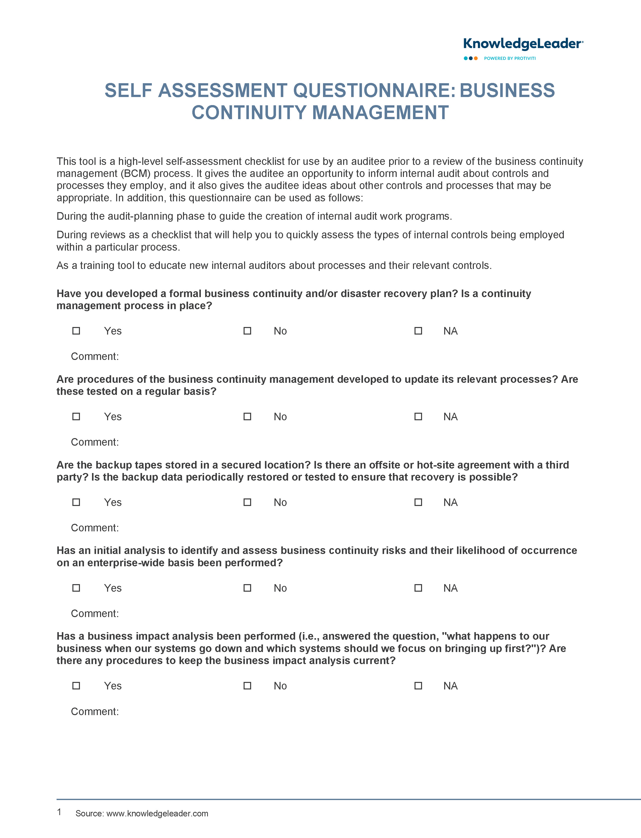 Screenshot of the first page of Business Continuity Compliance Questionnaire