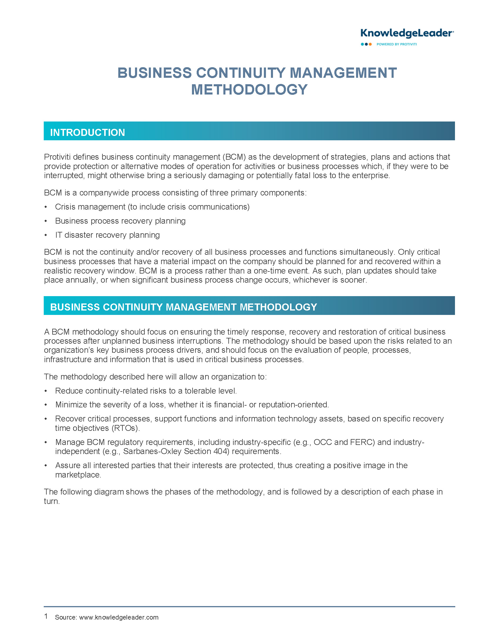 Screenshot of the first page of Business Continuity Management Methodology