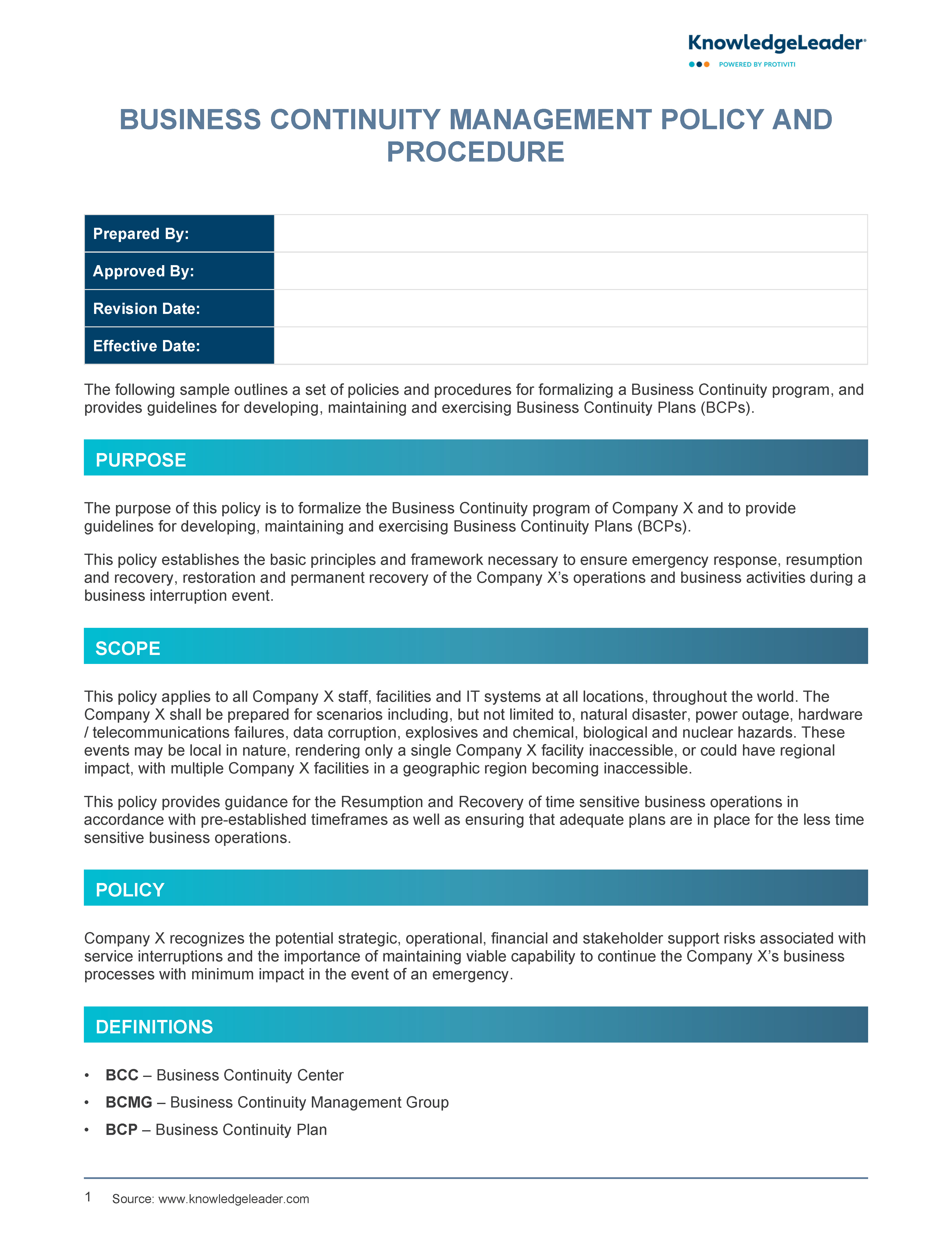 Screenshot of the first page of Business Continuity Management Policy