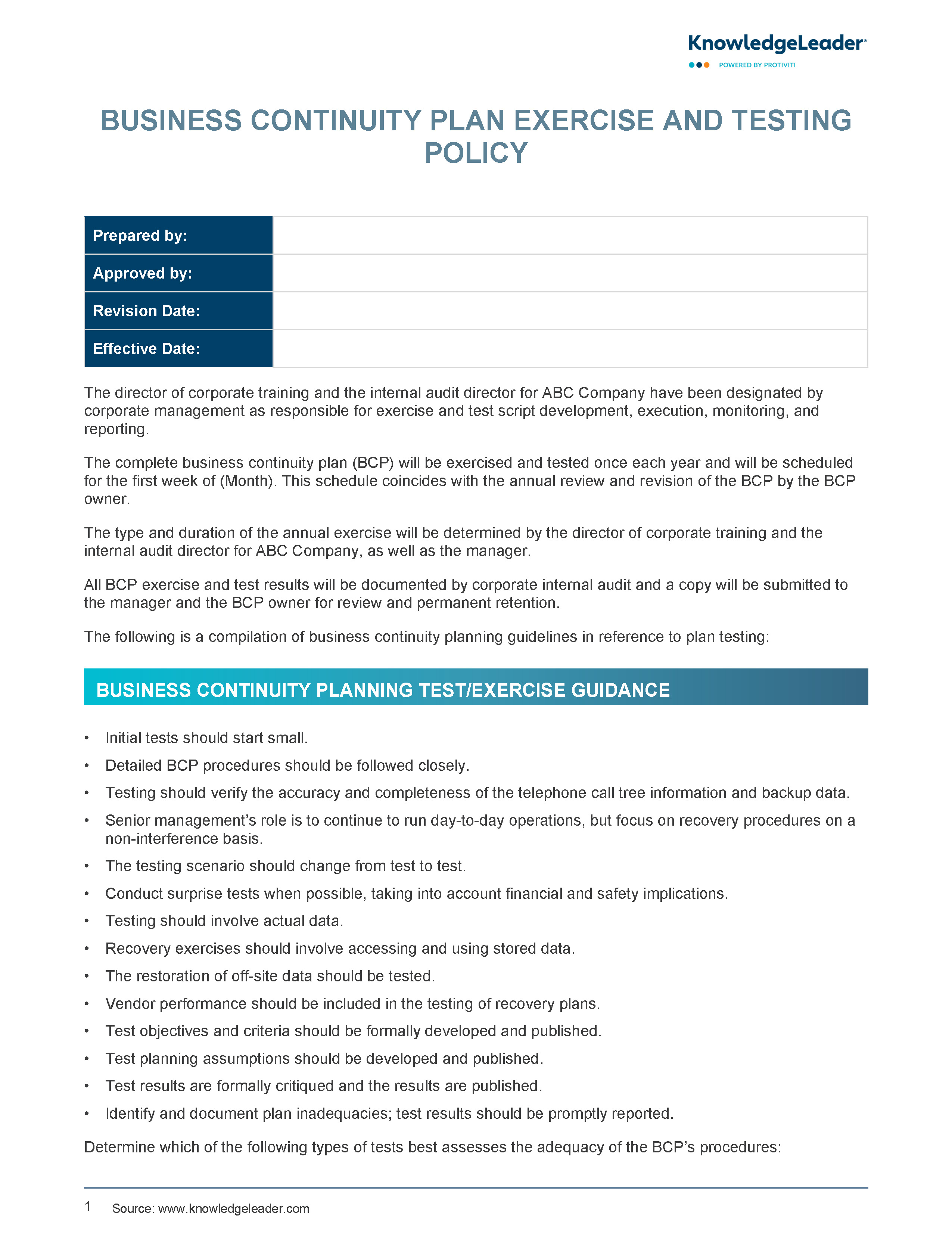 Screenshot of the first page of Business Continuity Plan Exercise and Testing Policy