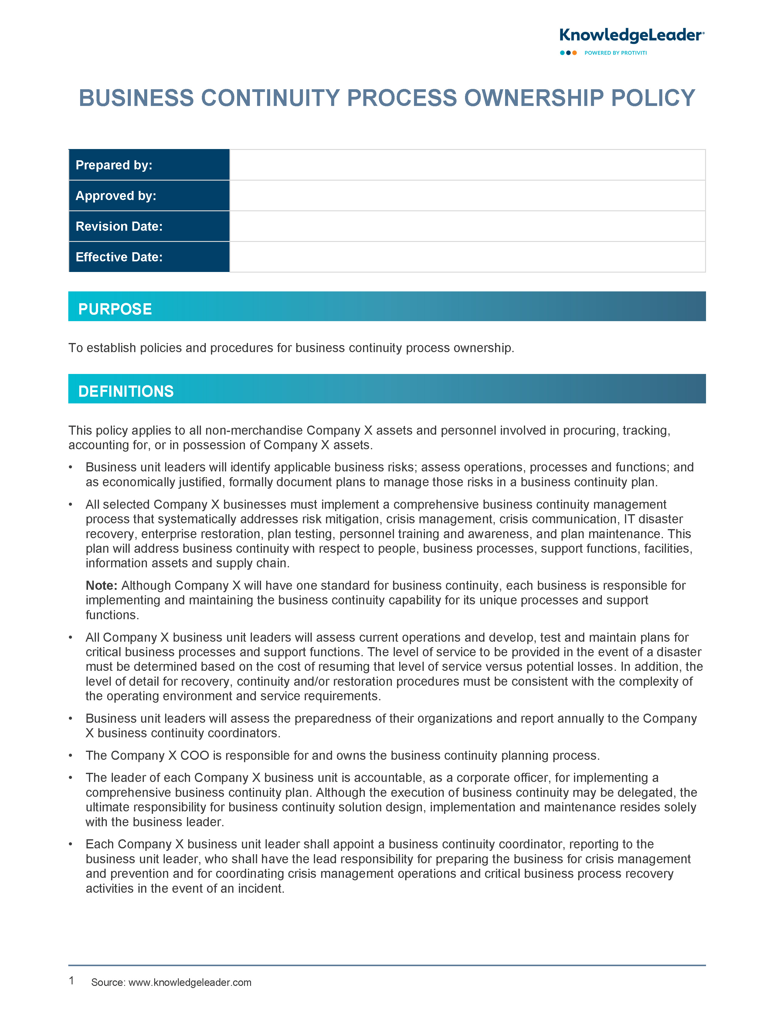Screenshot of the first page of Business Continuity Process Ownership Policy