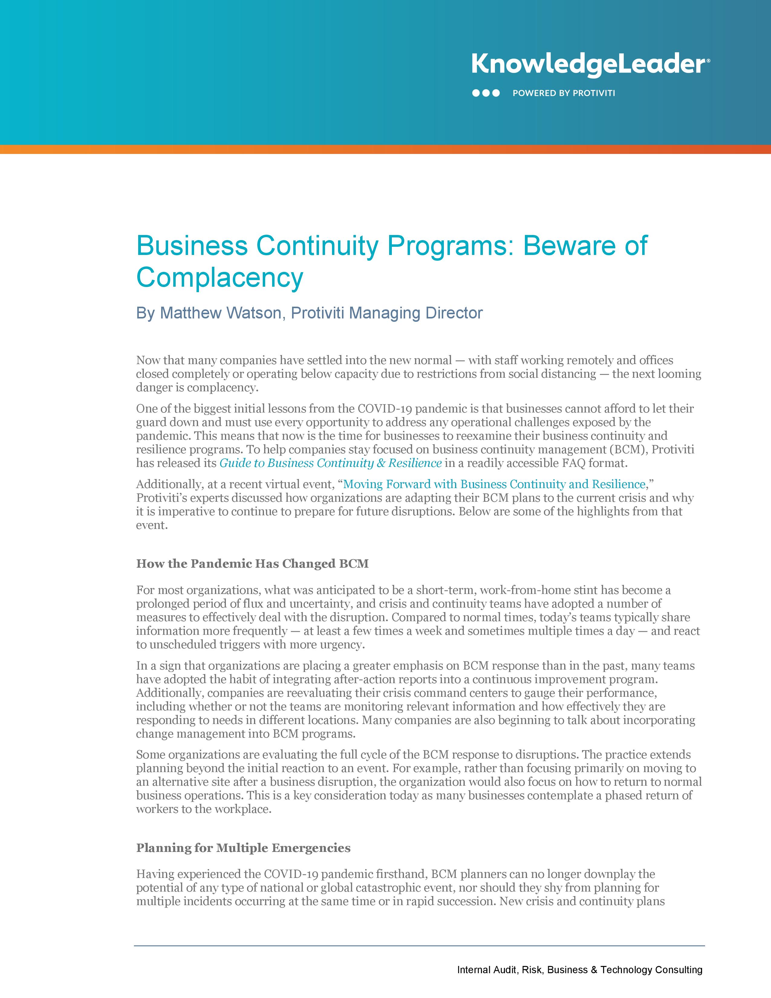 Screenshot of the first page of Business Continuity Programs Beware of Complacency