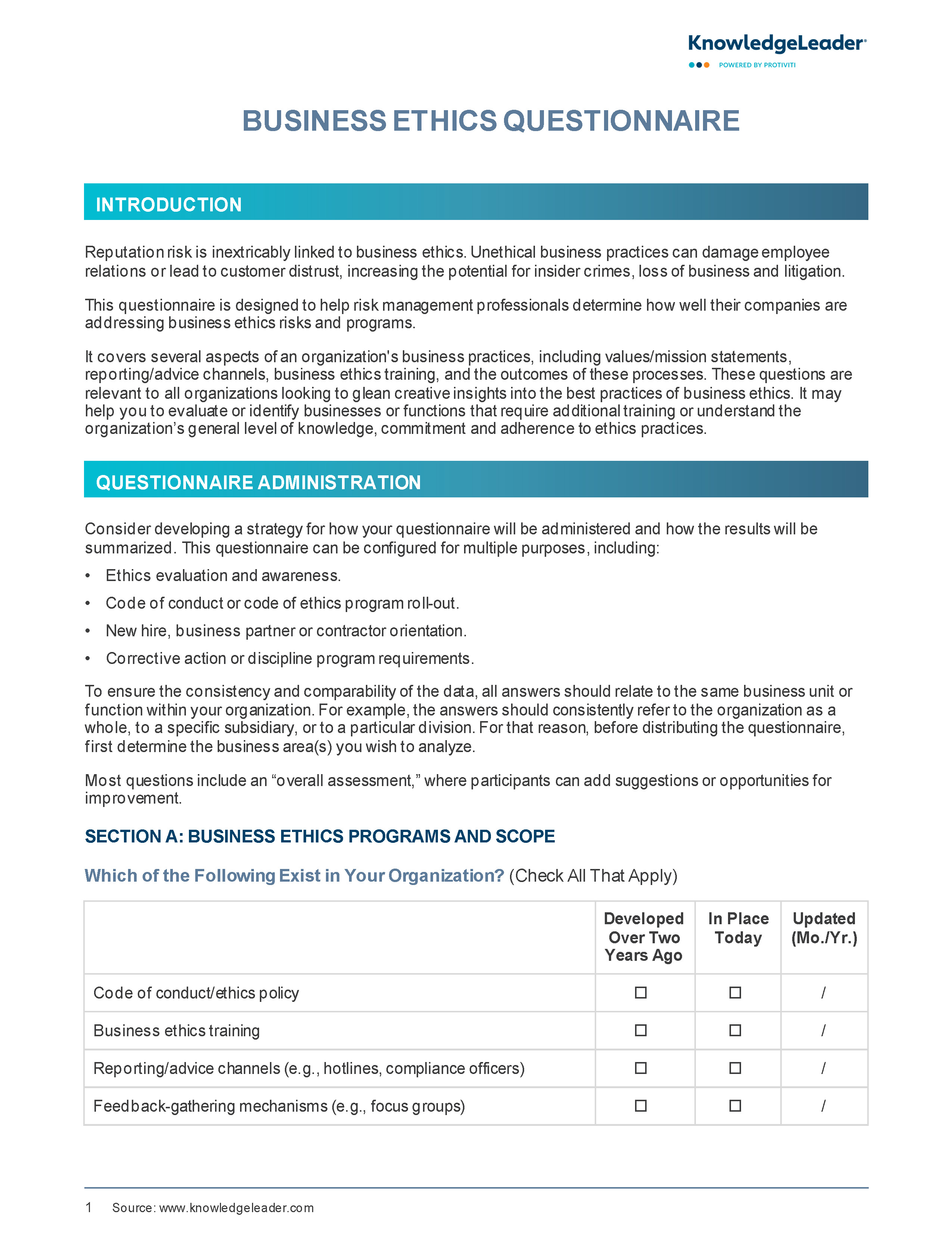 Screenshot of the first page of Business Ethics Questionnaire