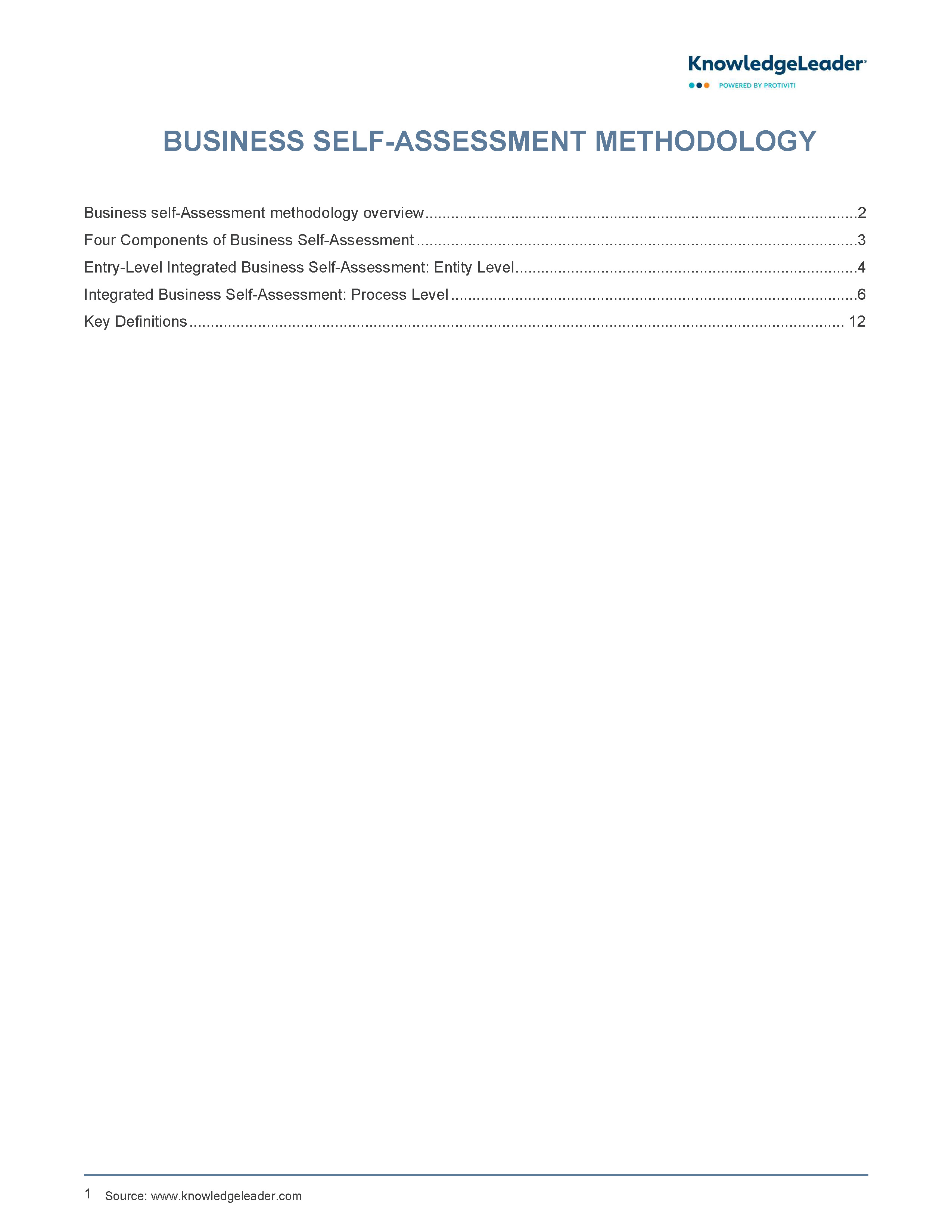 Screenshot of the first page of Business Self Assessment Methodology
