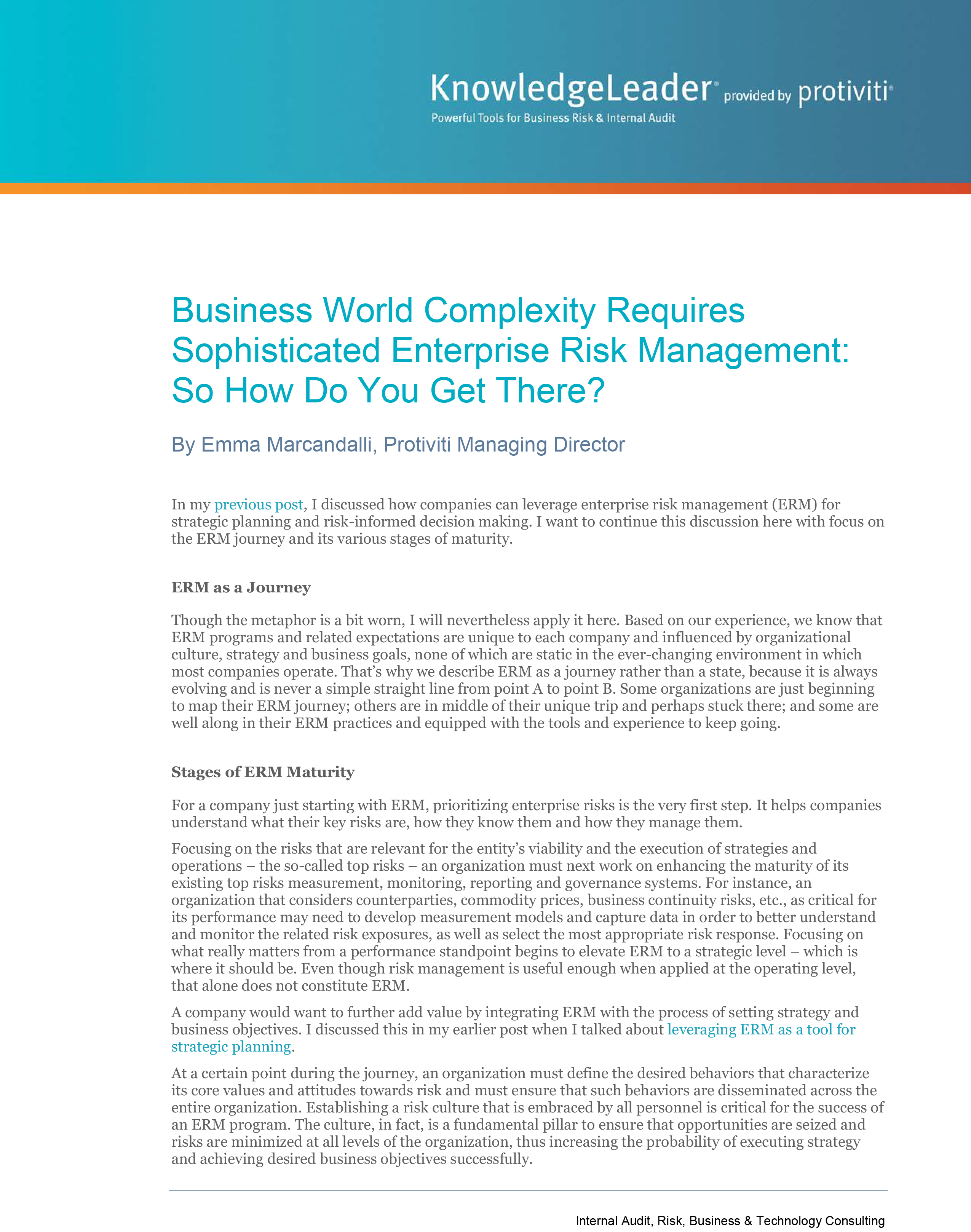 Screenshot of the first page of Business World Complexity Requires Sophisticated Enterprise Risk Management-So How Do You Get There