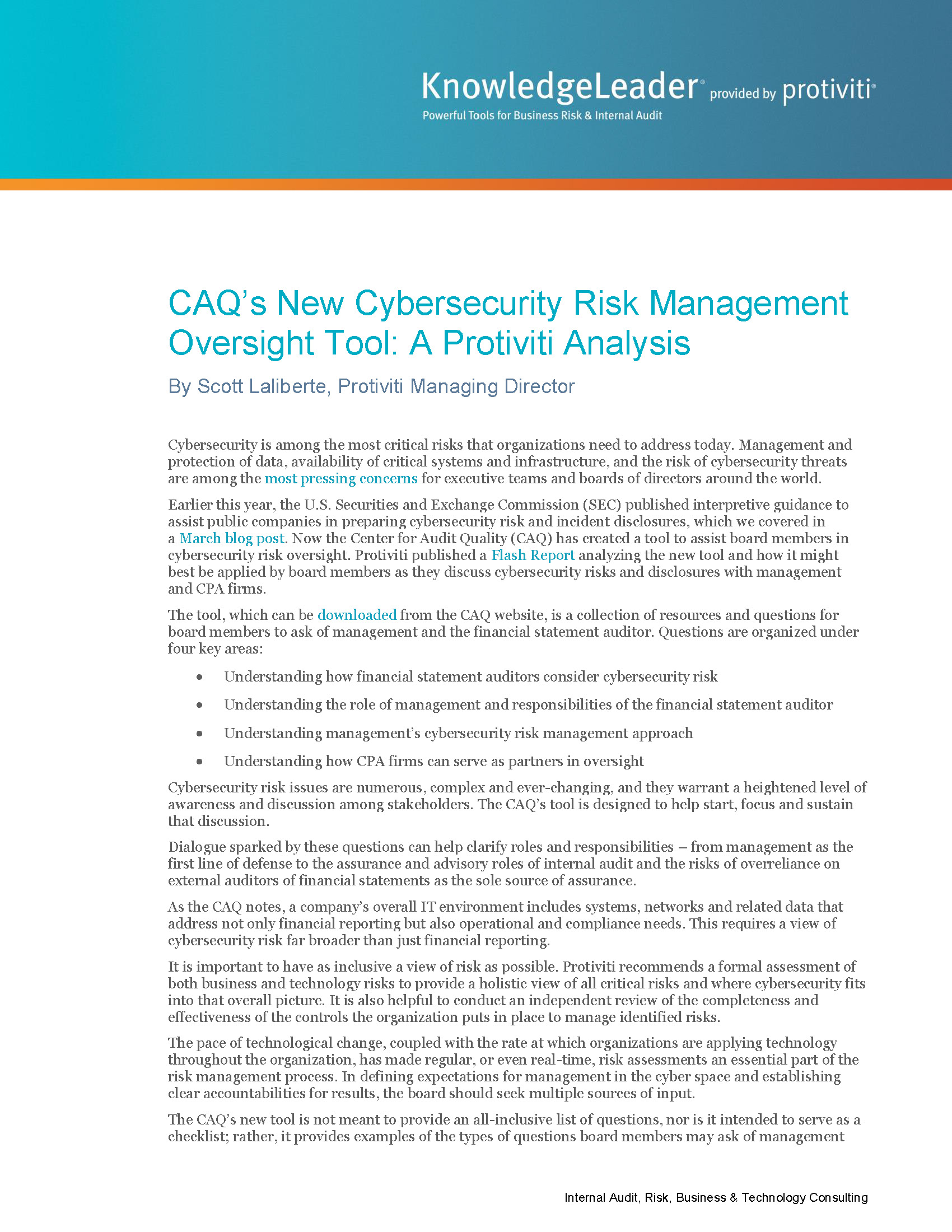 Screenshot of the first page of CAQ’s New Cybersecurity Risk Management Oversight Tool: A Protiviti Analysis