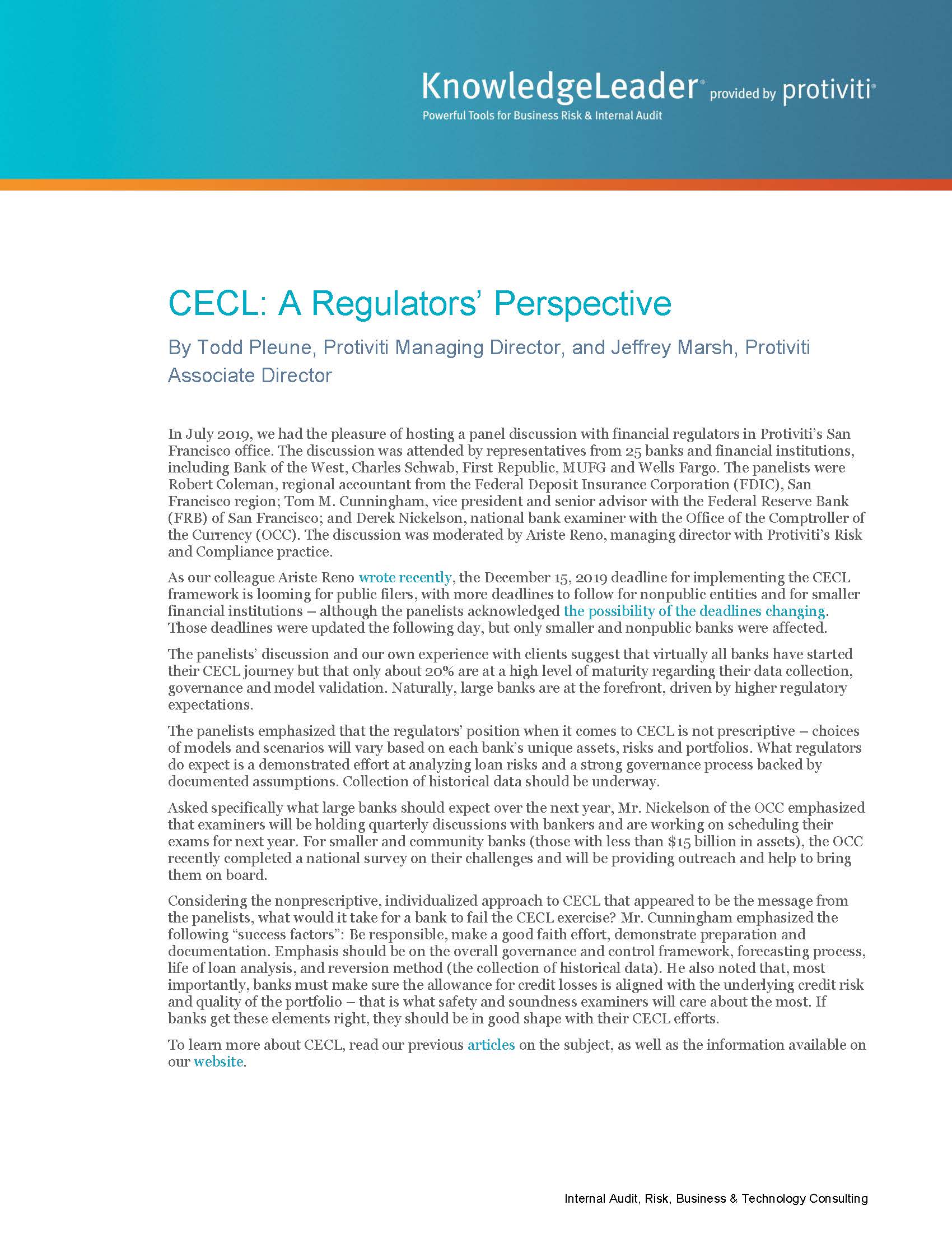Screenshot of the first page of CECL: A Regulators’ Perspective