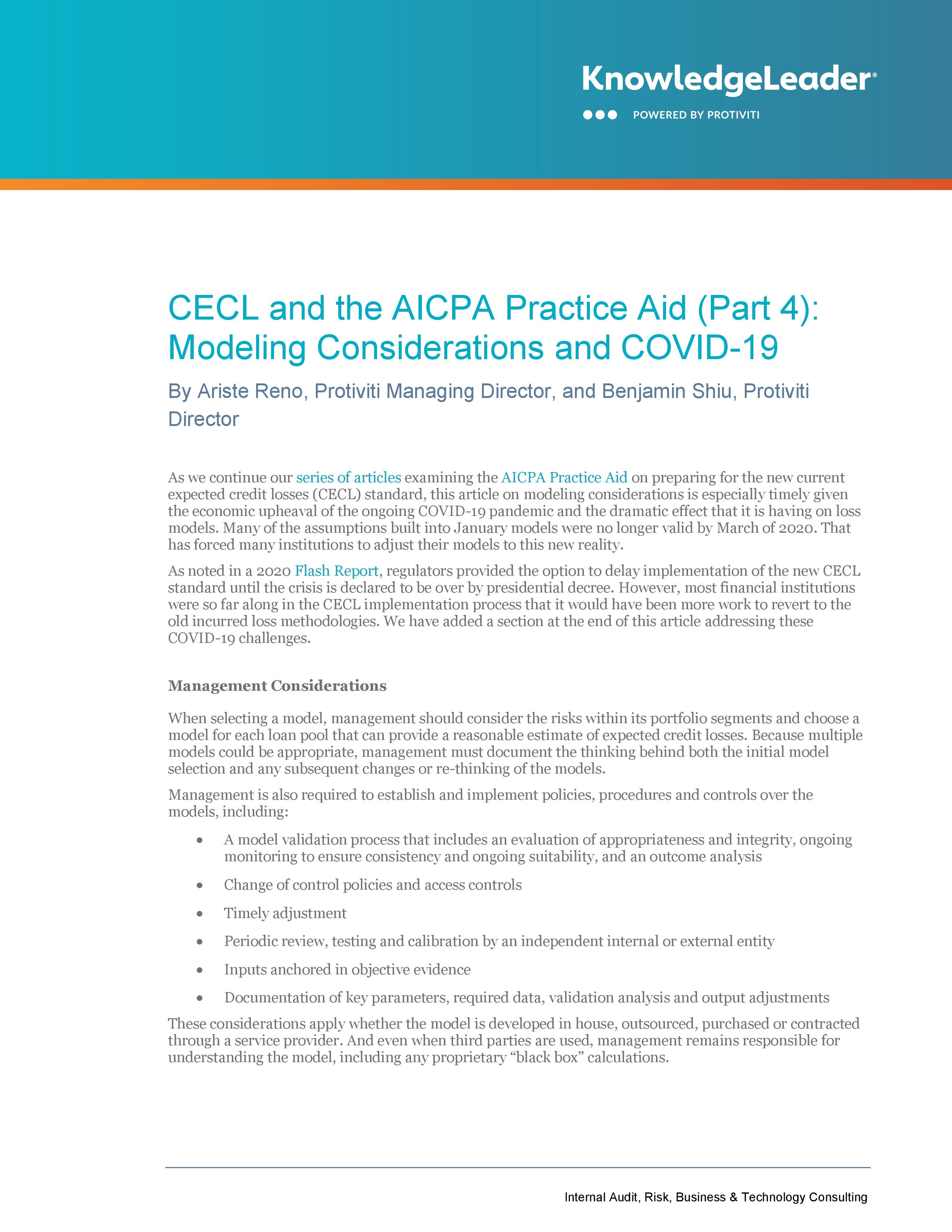 Screenshot of the first page of CECL and the AICPA Practice Aid (Part 4) Modeling Considerations and COVID-19