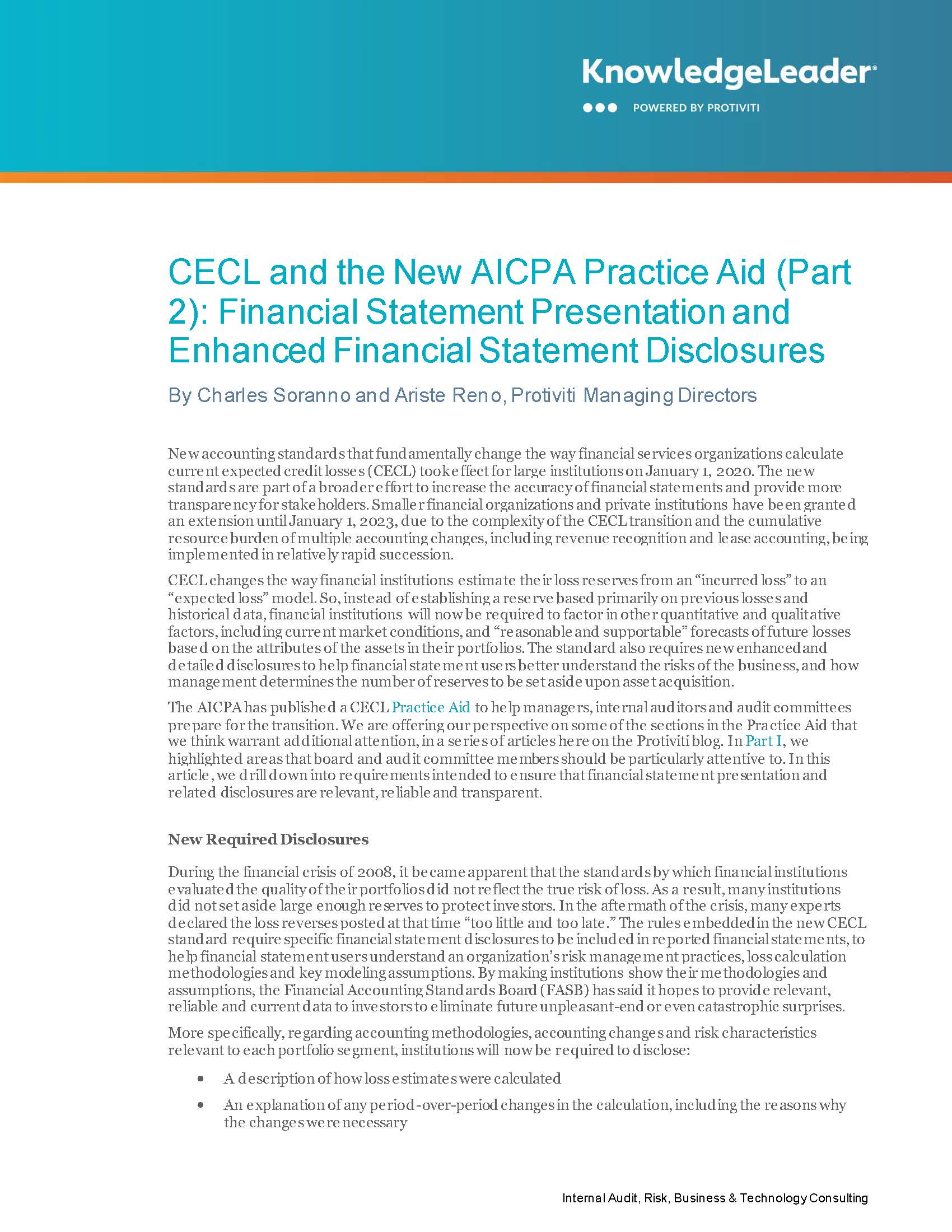 CECL and the New AICPA Practice Aid (Part 2): Financial Statement Presentation and Enhanced Financial Statement Disclosures