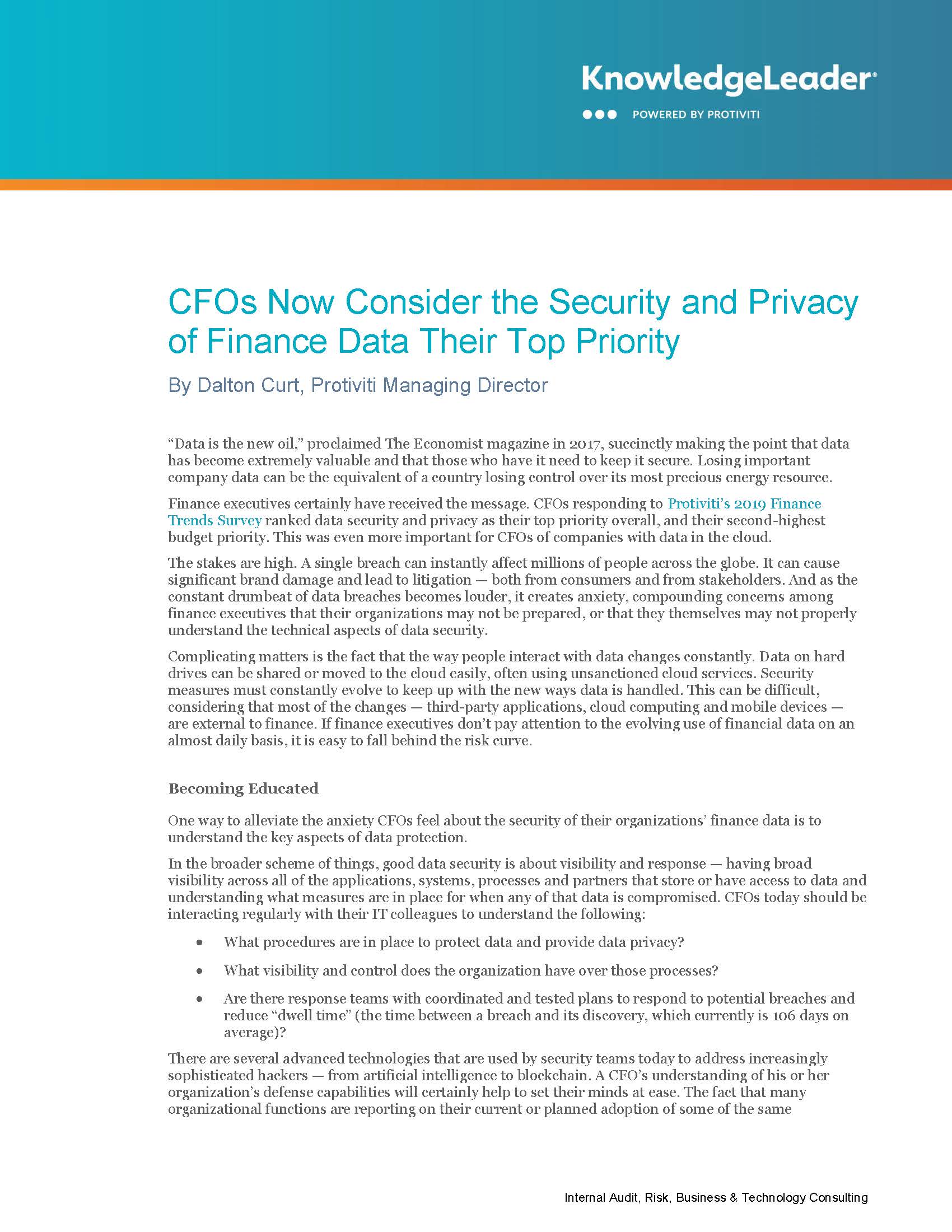 Screenshot of the first page of CFOs Now Consider the Security and Privacy of Finance Data Their Top Priority