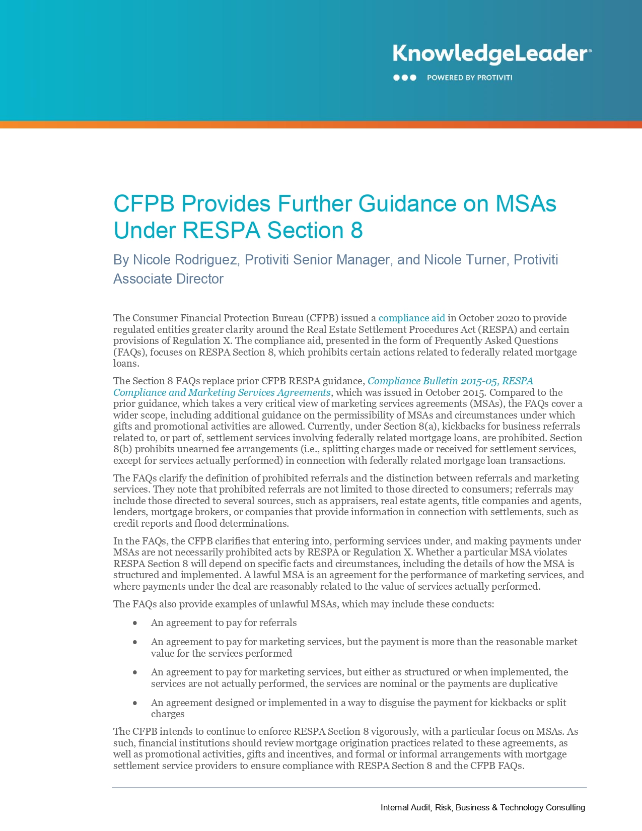 Screenshot of the first page of CFPB Provides Further Guidance on MSAs Under RESPA Section 8
