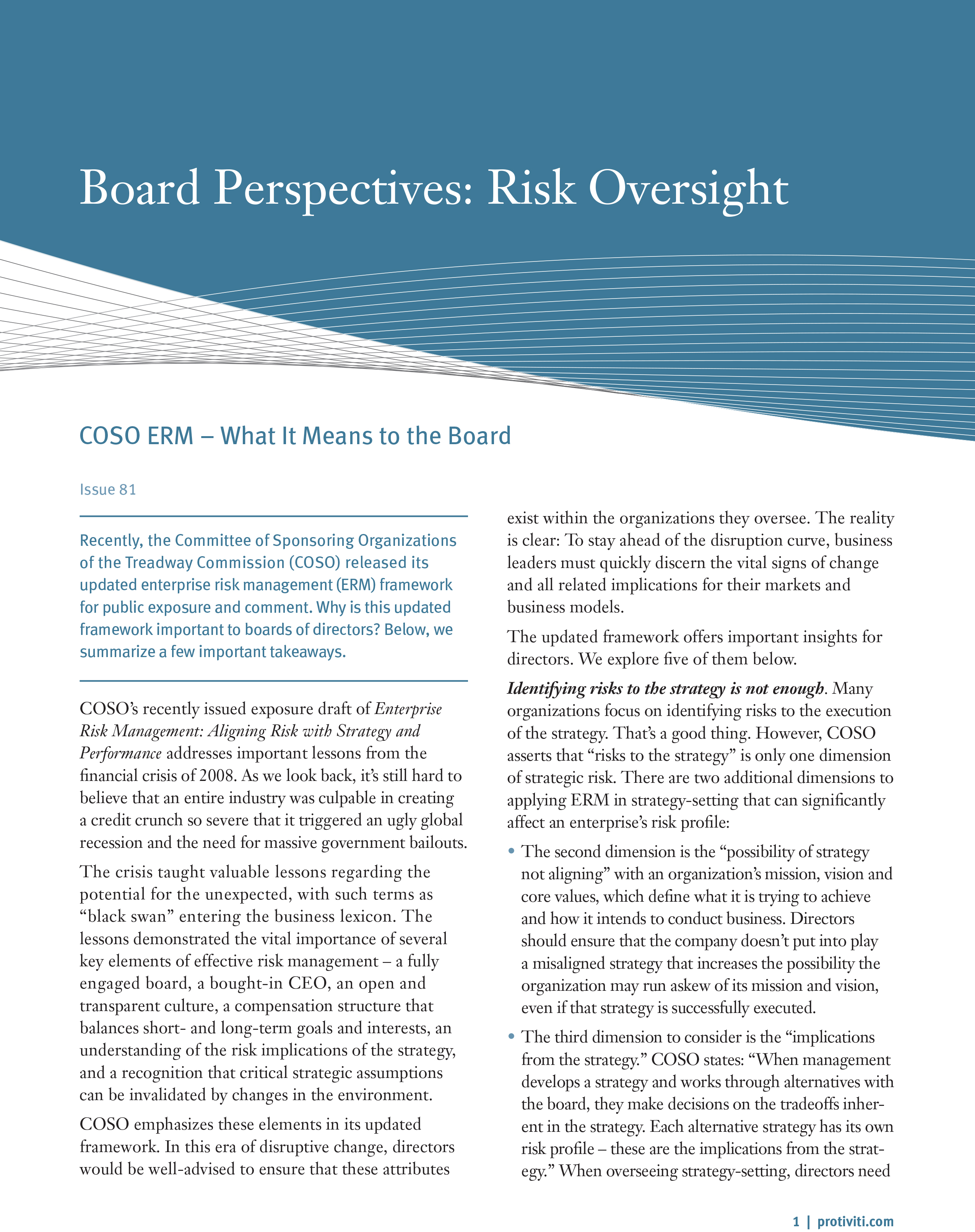Screenshot of the first page of COSO ERM: What It Means to the Board