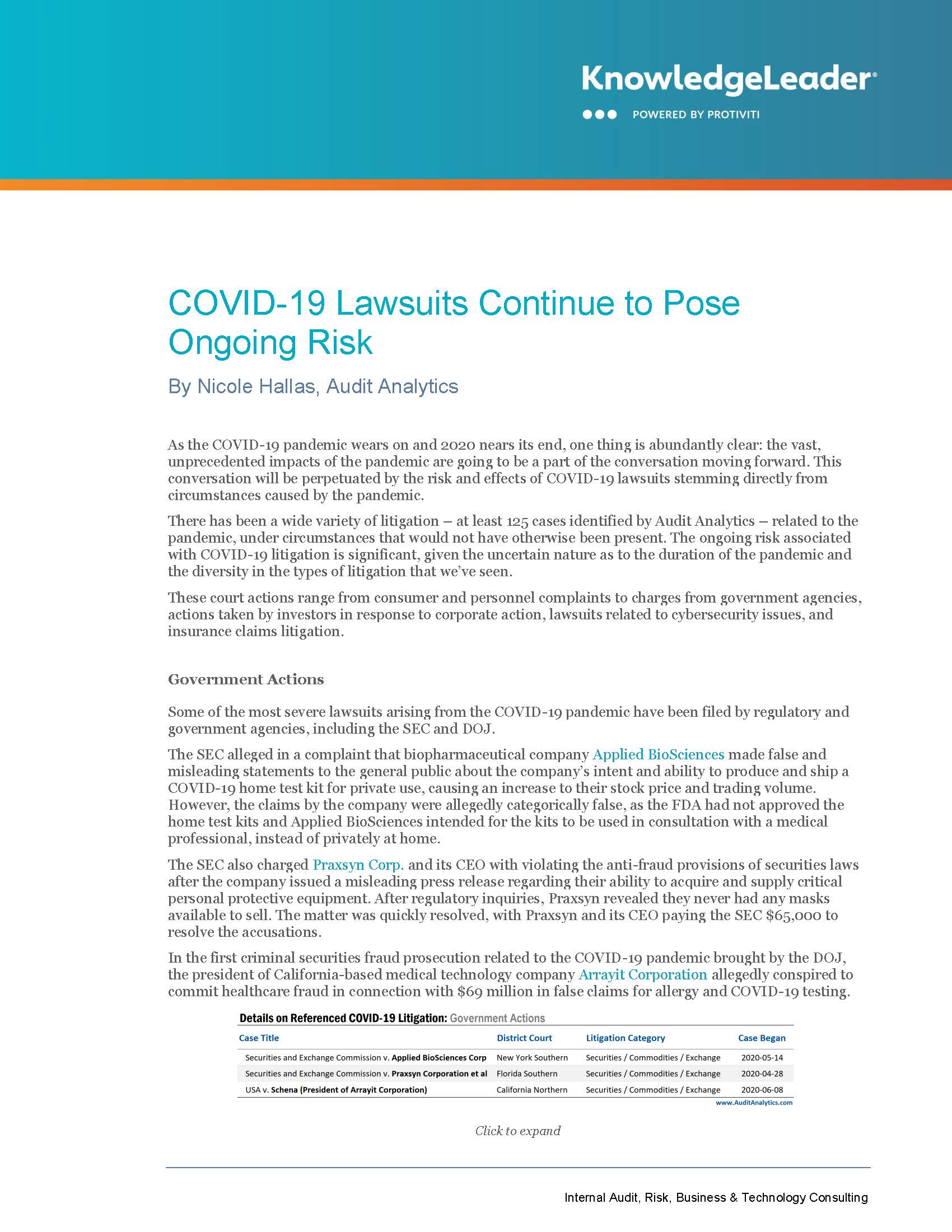Screenshot of the first page of COVID-19 Lawsuits Continue to Pose Ongoing Risk