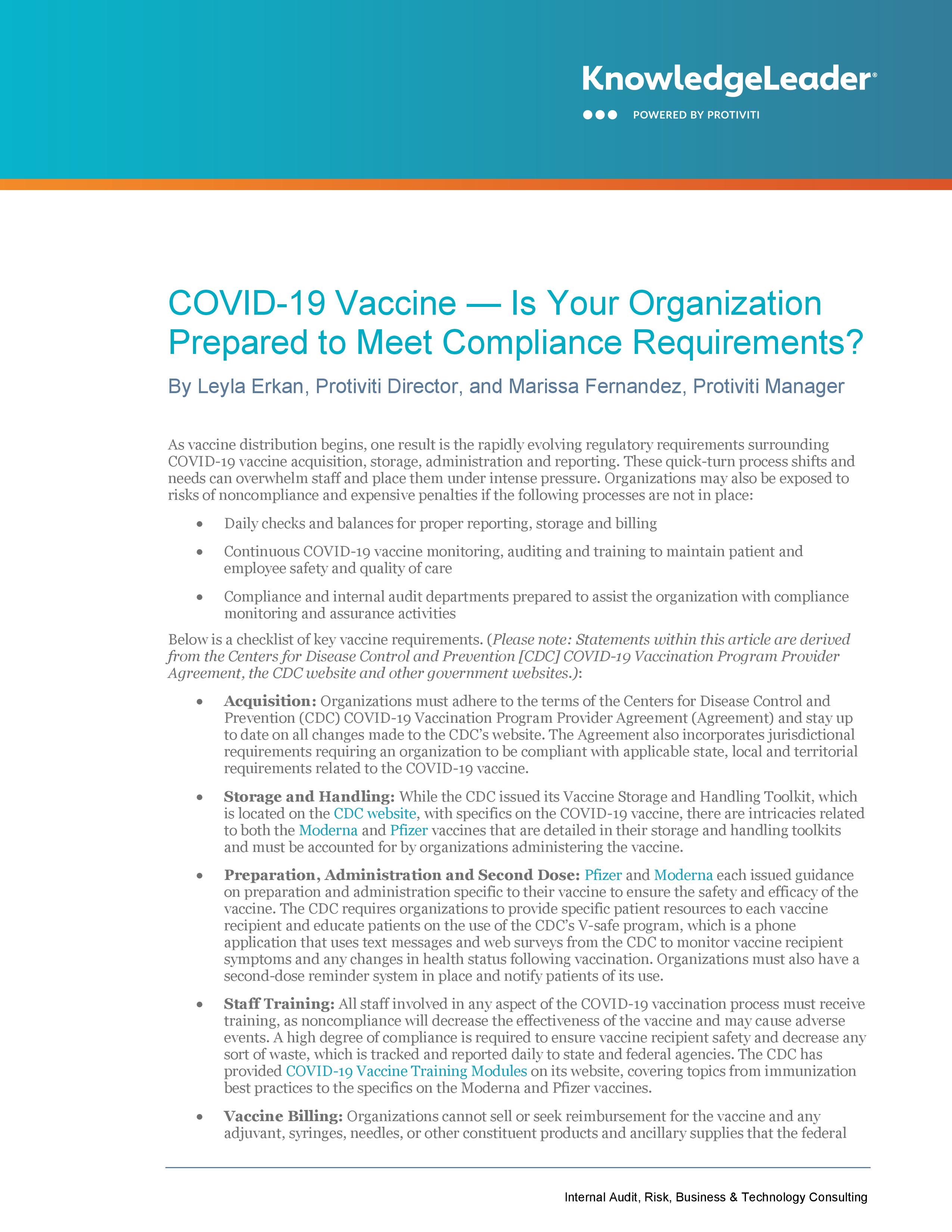 Screenshot of the first page of COVID-19 Vaccine — Is Your Organization Prepared to Meet Compliance Requirements?
