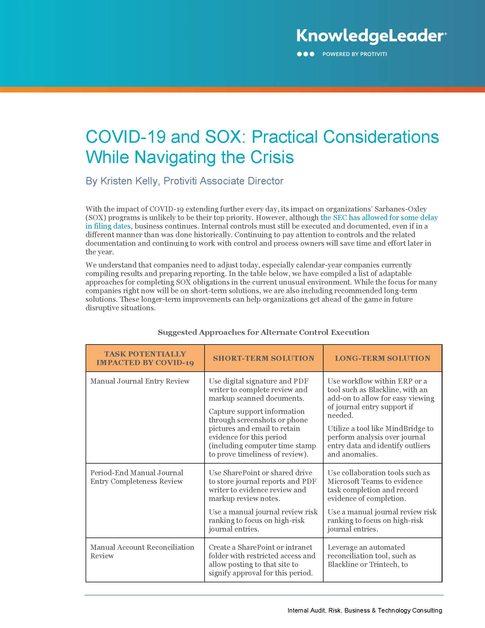 Screenshot of the first page of COVID-19 and SOX: Practical Considerations While Navigating the Crisis