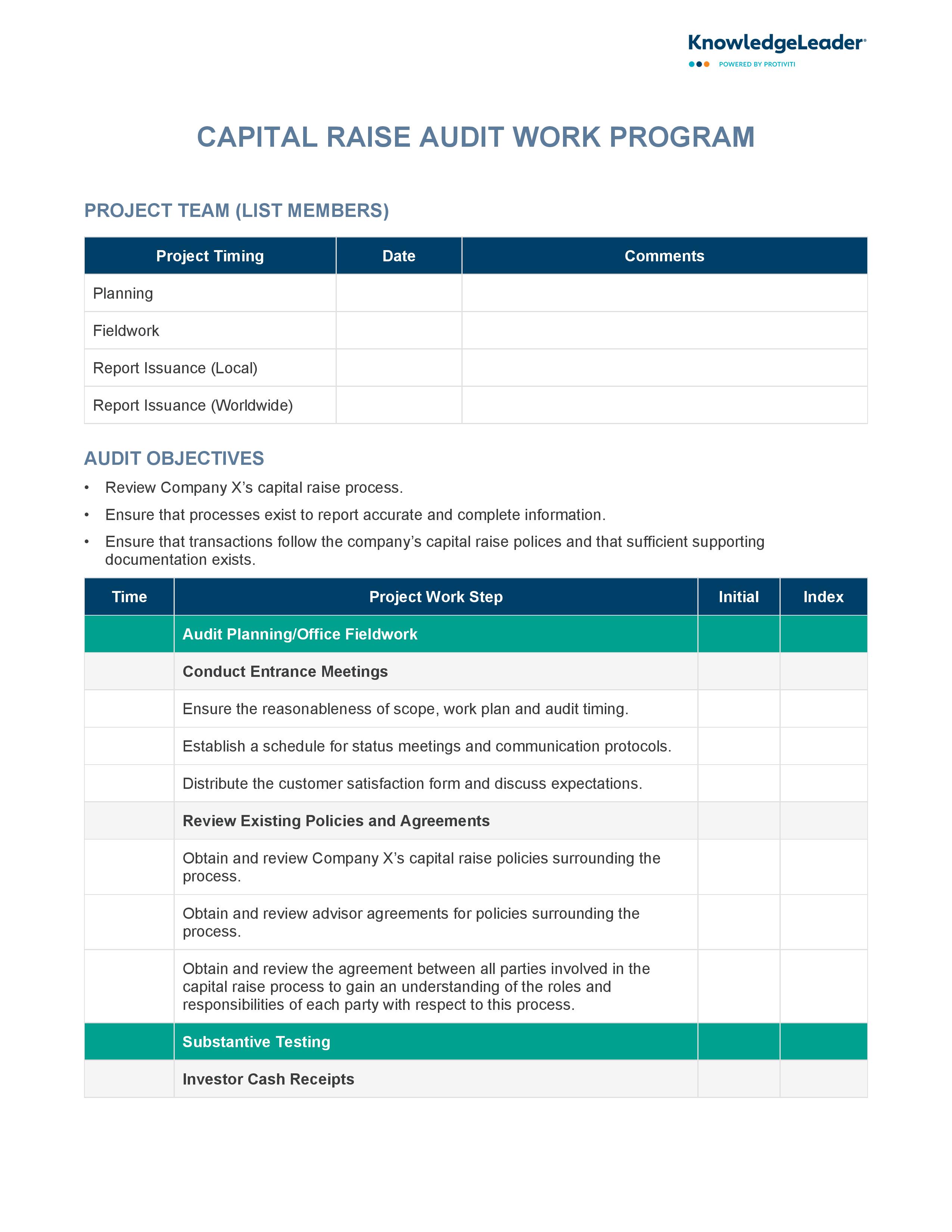 Screenshot of the first page of Capital Raise Audit Work Program-page-001