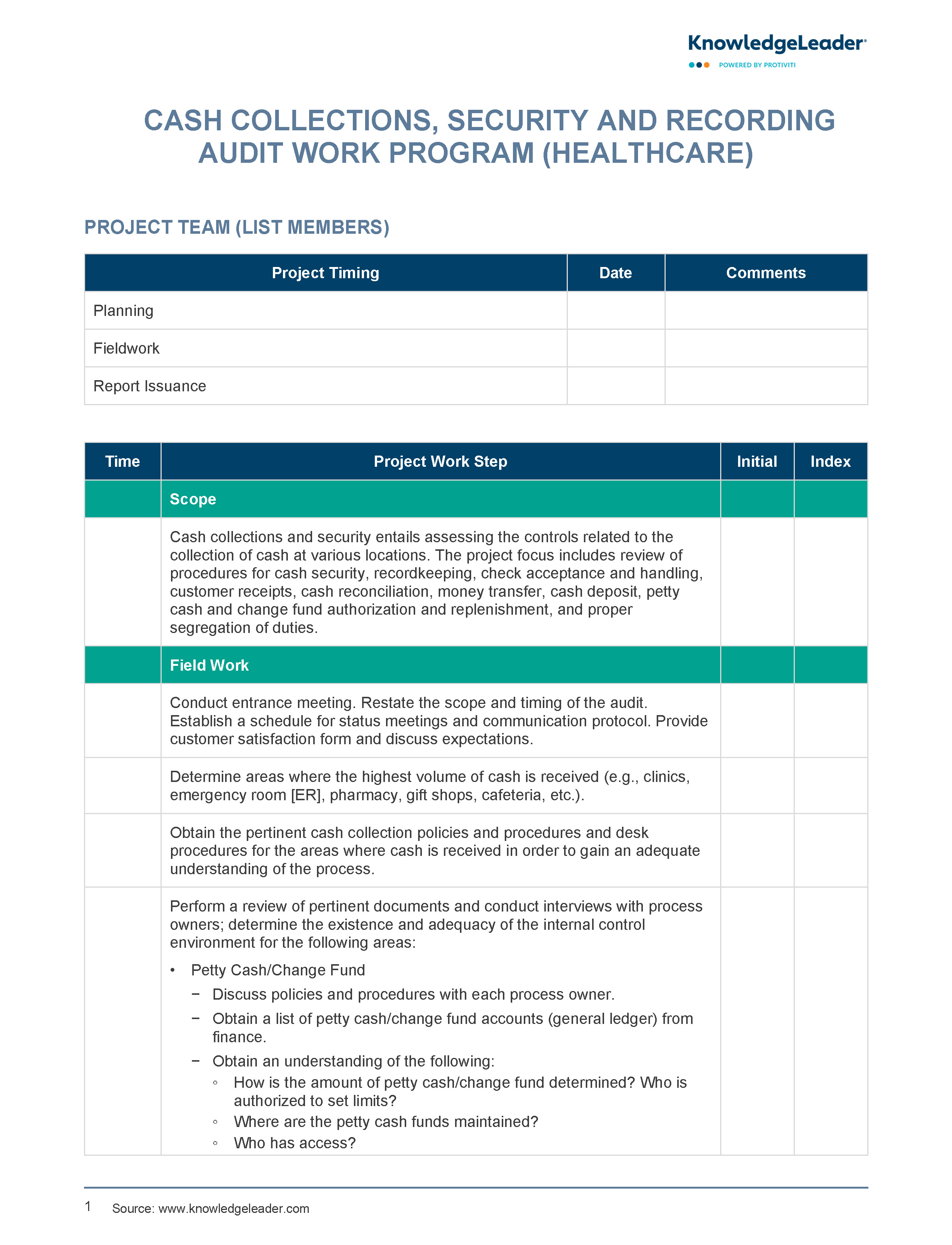 screenshot of the first page of Cash Collections, Security and Recording Review Audit Work Program (Healthcare)