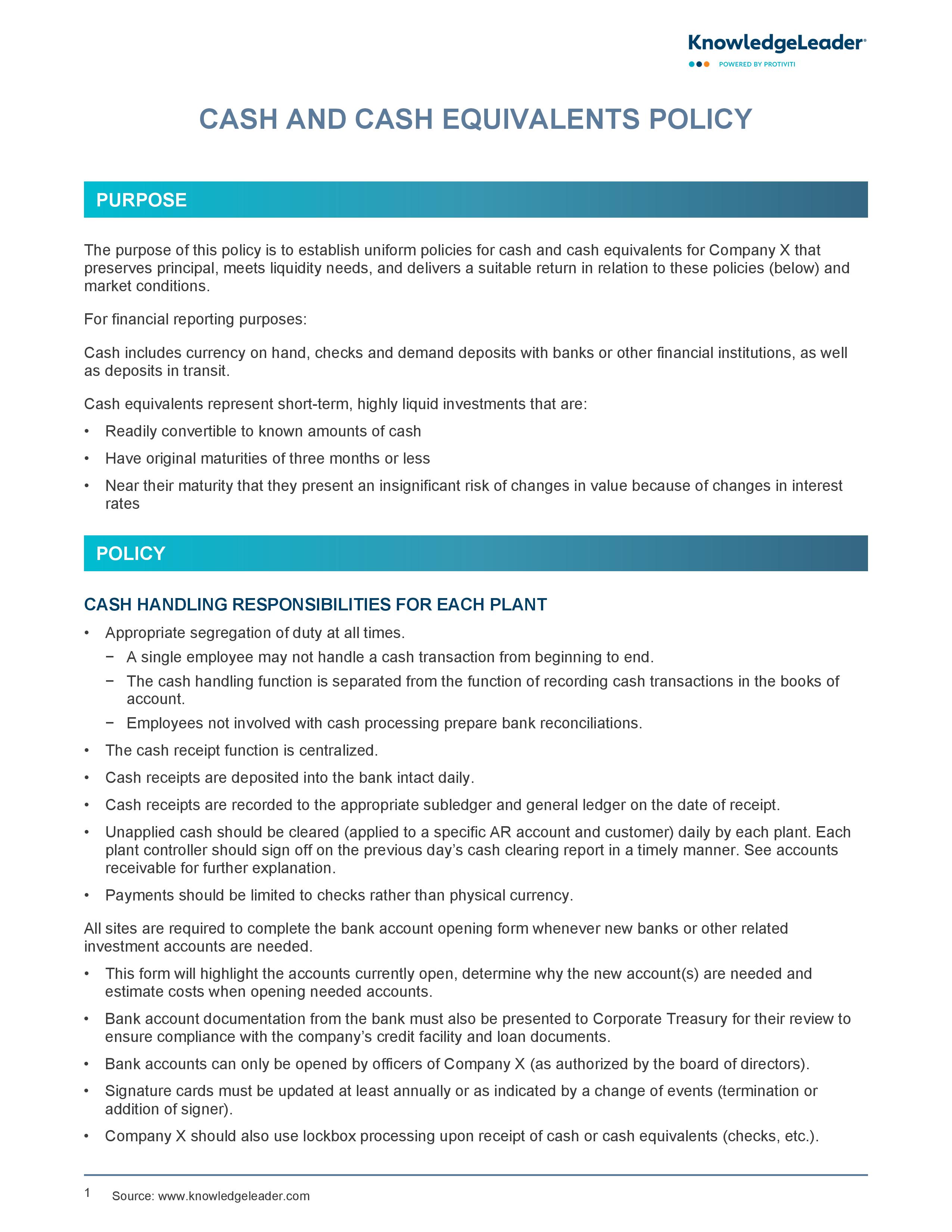 Screenshot of first page Cash and Cash Equivalents Policy