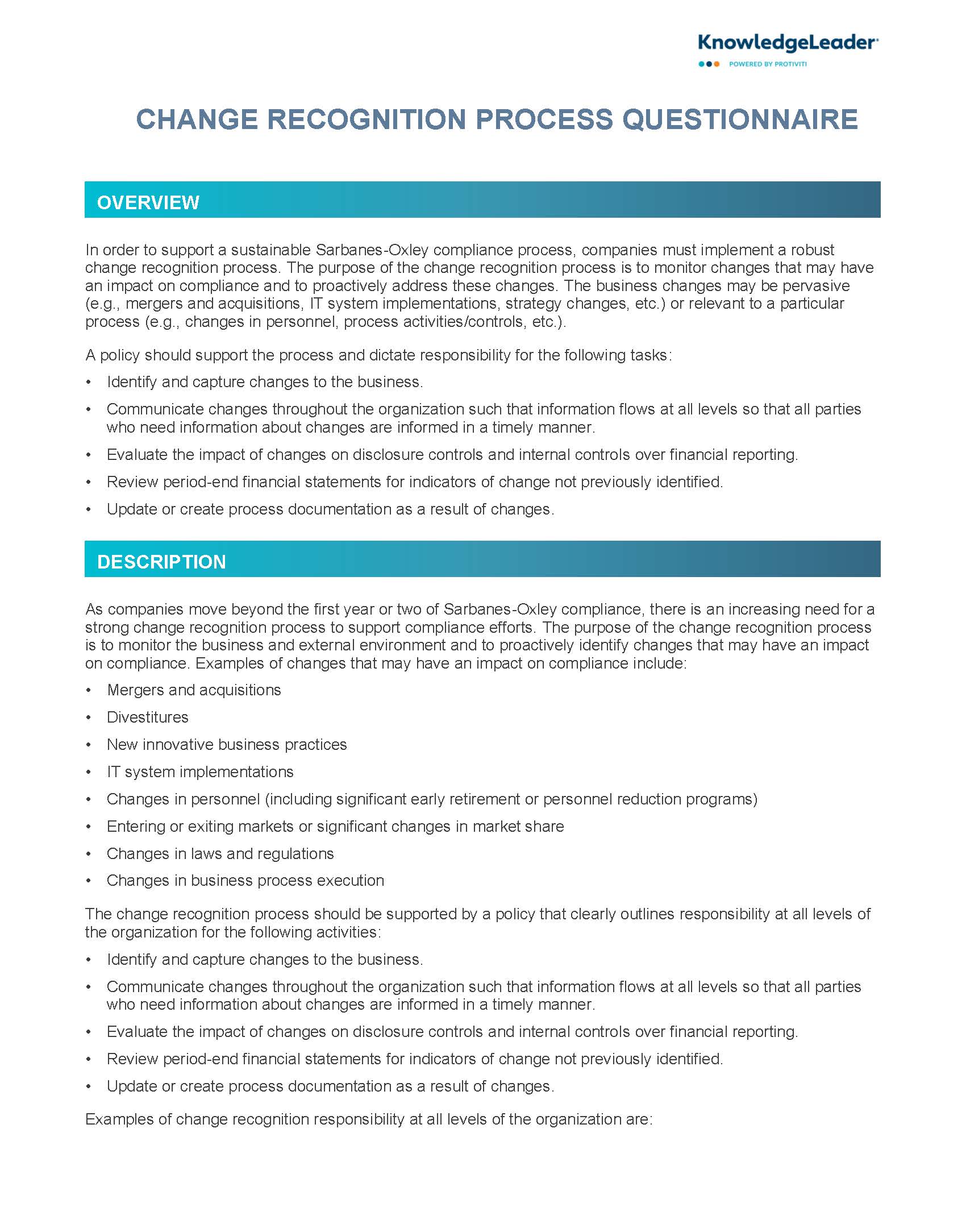 Screenshot of the first page of Change Recognition Process Questionnaire