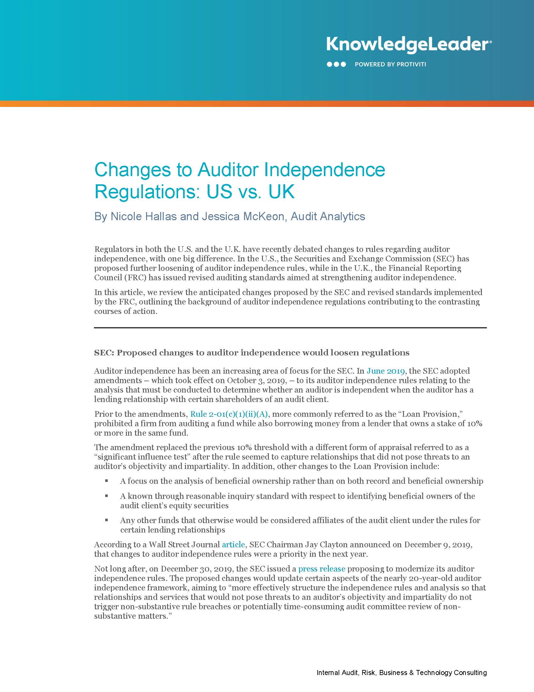 Screenshot of the first page of Changes to Auditor Independence Regulations US vs. UK