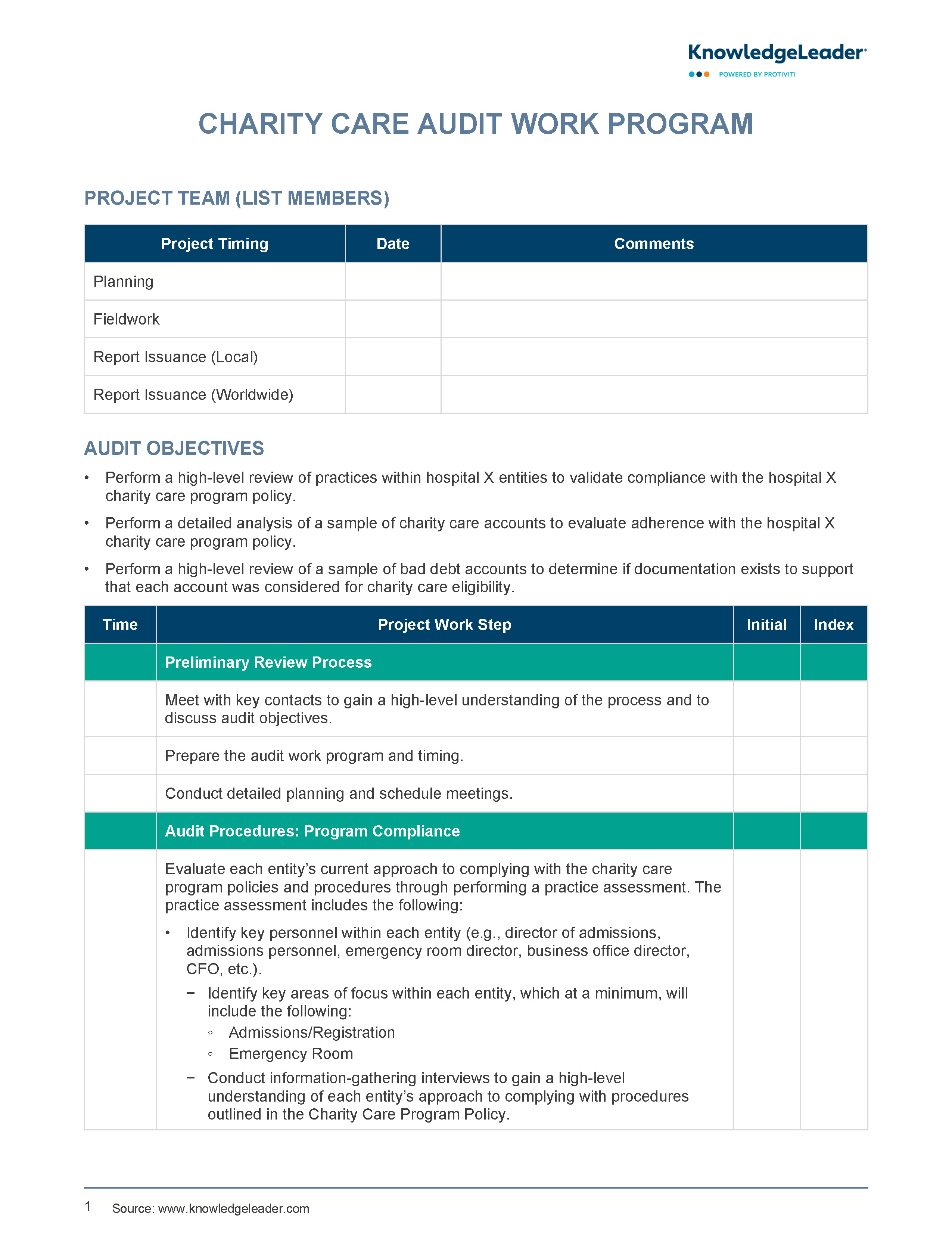 screenshot of the first page of Charity Care Audit Work Program