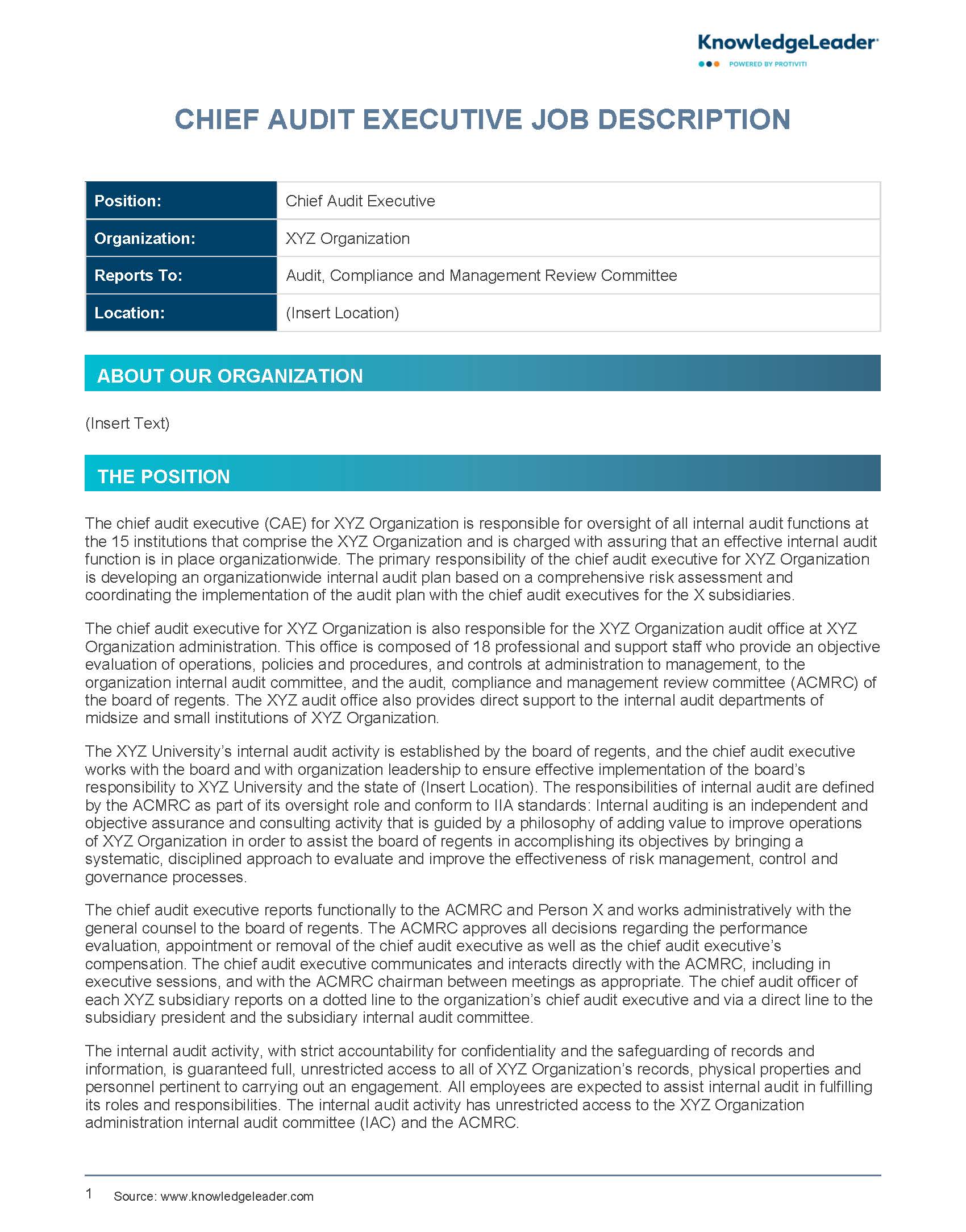 Screenshot of the first page of Chief Audit Executive Job Description