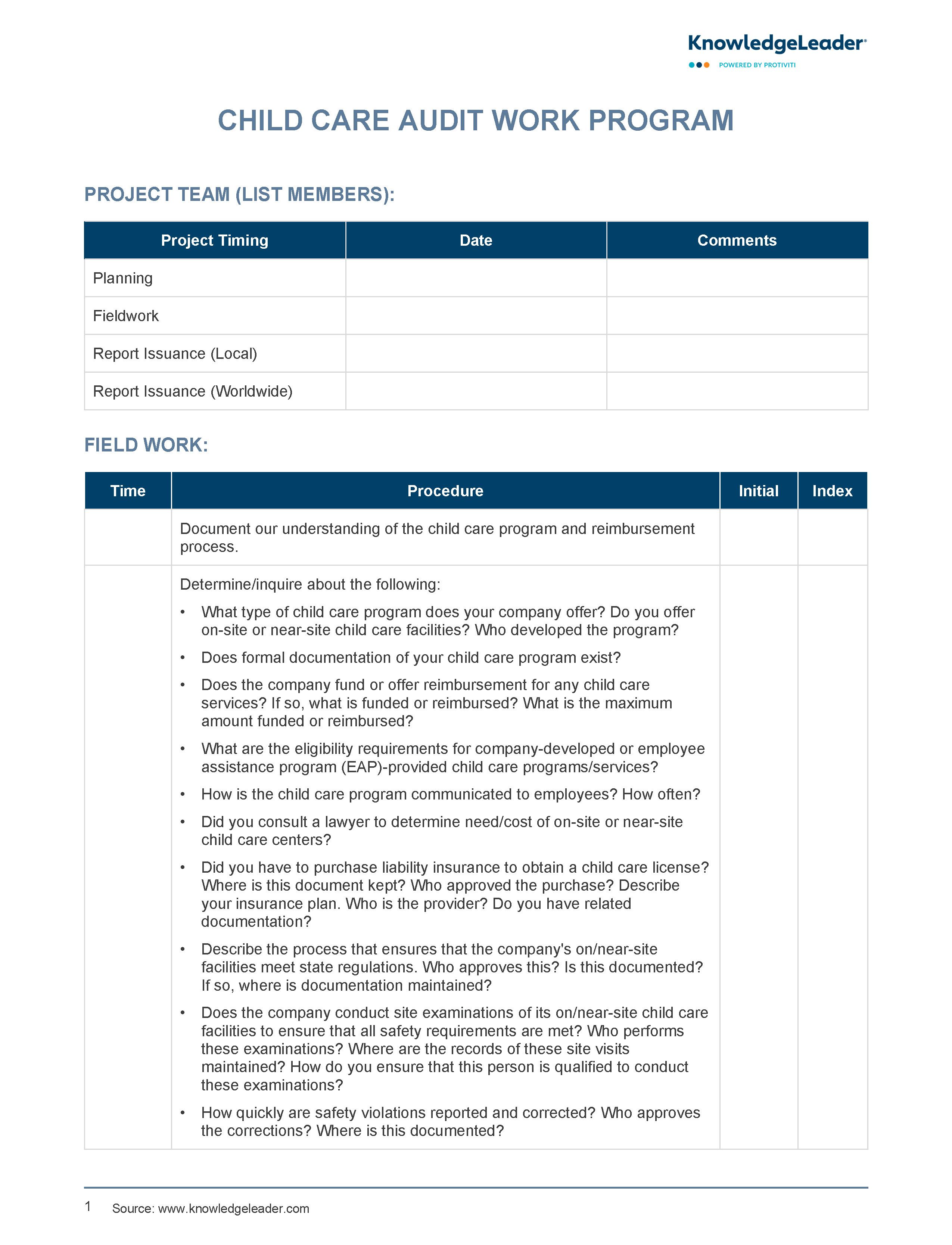 Screenshot of the first page of Child Care Audit Work Program