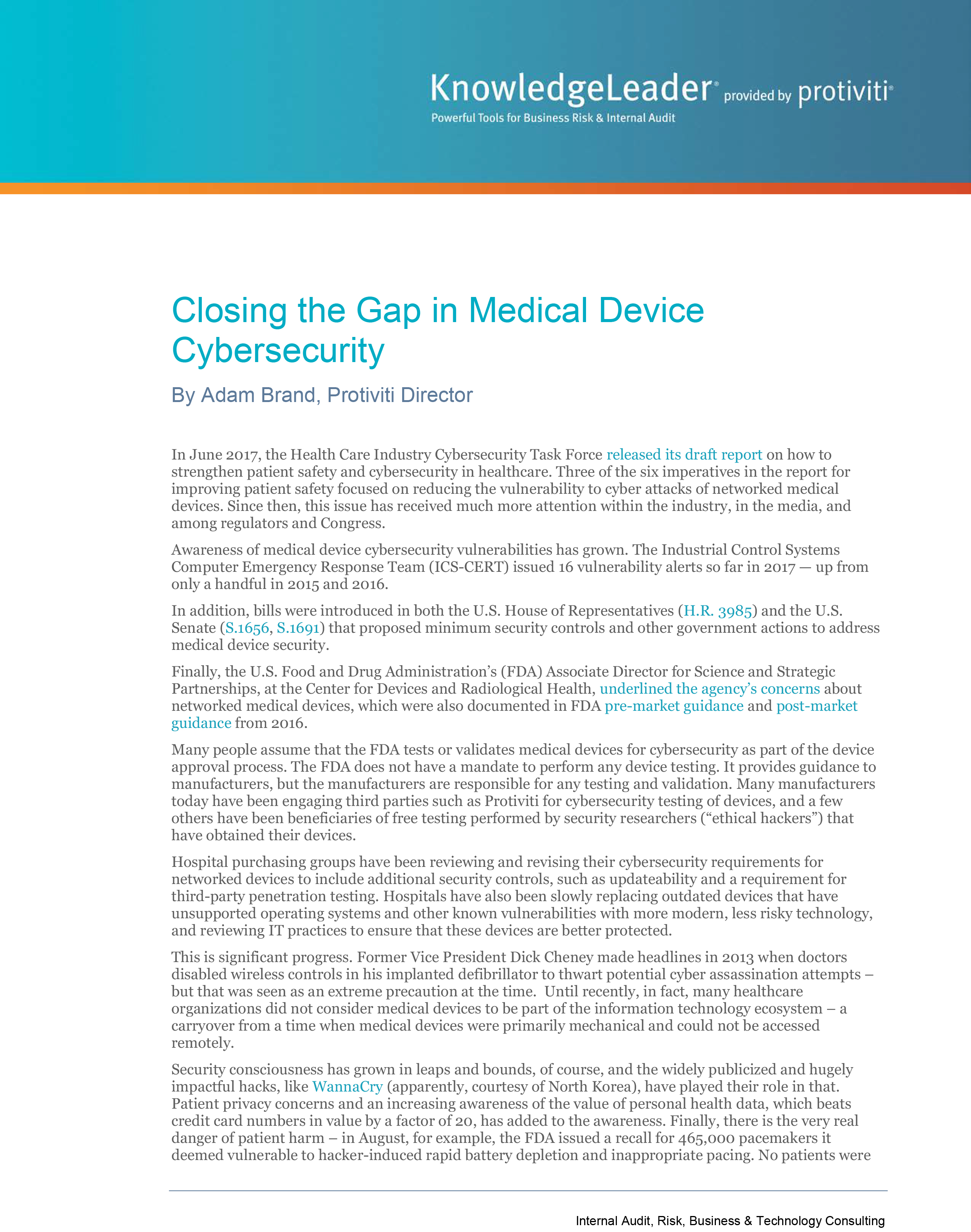 Screenshot of the first page of Closing the Gap in Medical Device Cybersecurity