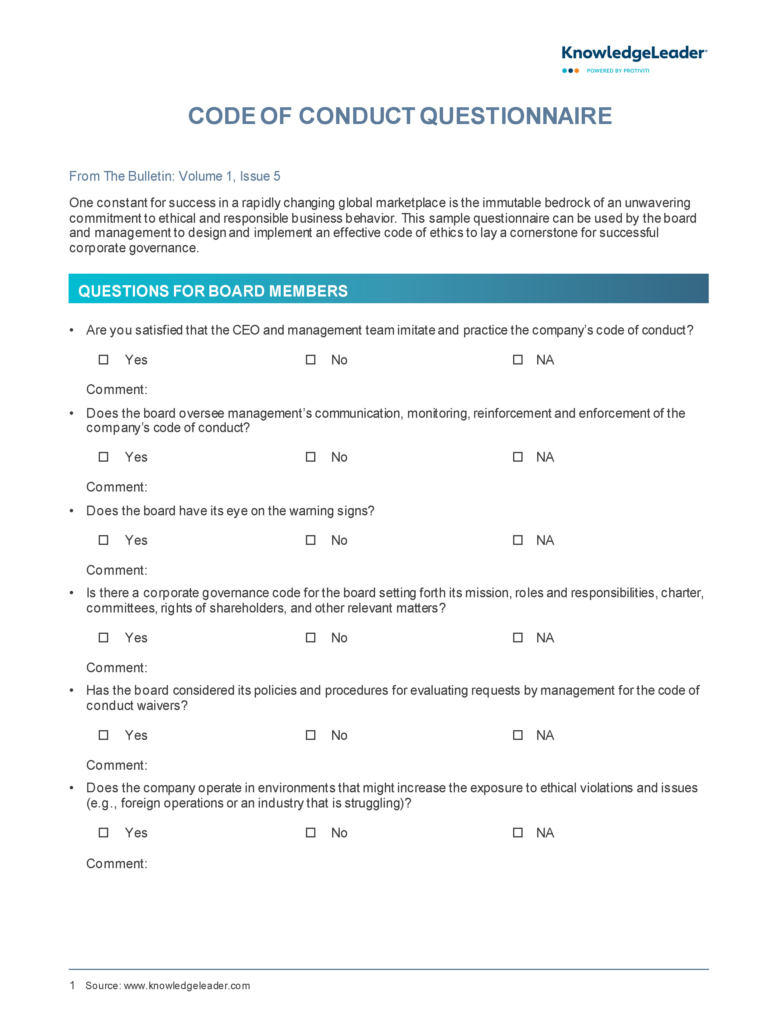 Screenshot of the first page of Code of Conduct Questionnaire