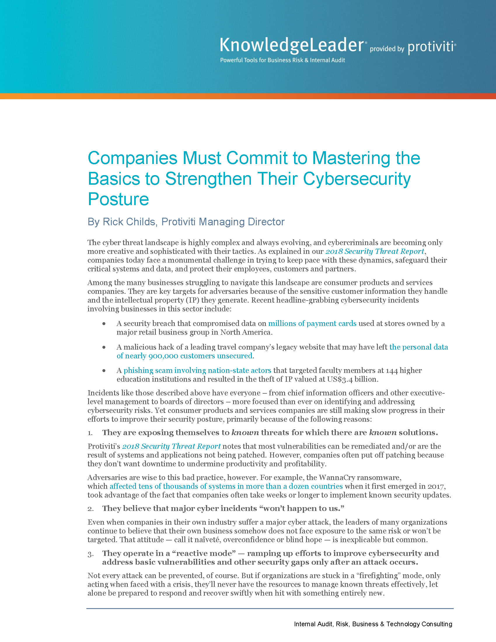 Screenshot of the first page of Companies Must Commit to Mastering the Basics to Strengthen Their Cybersecurity Posture