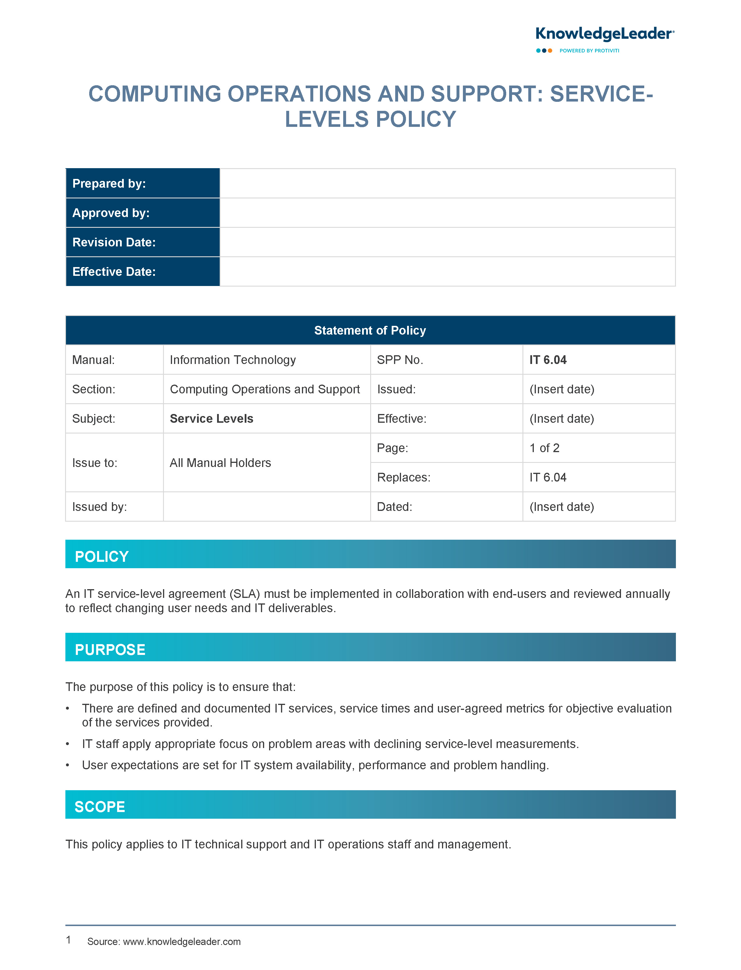 Screenshot of the first page of Computing Operations and Support: Service-Levels Policy