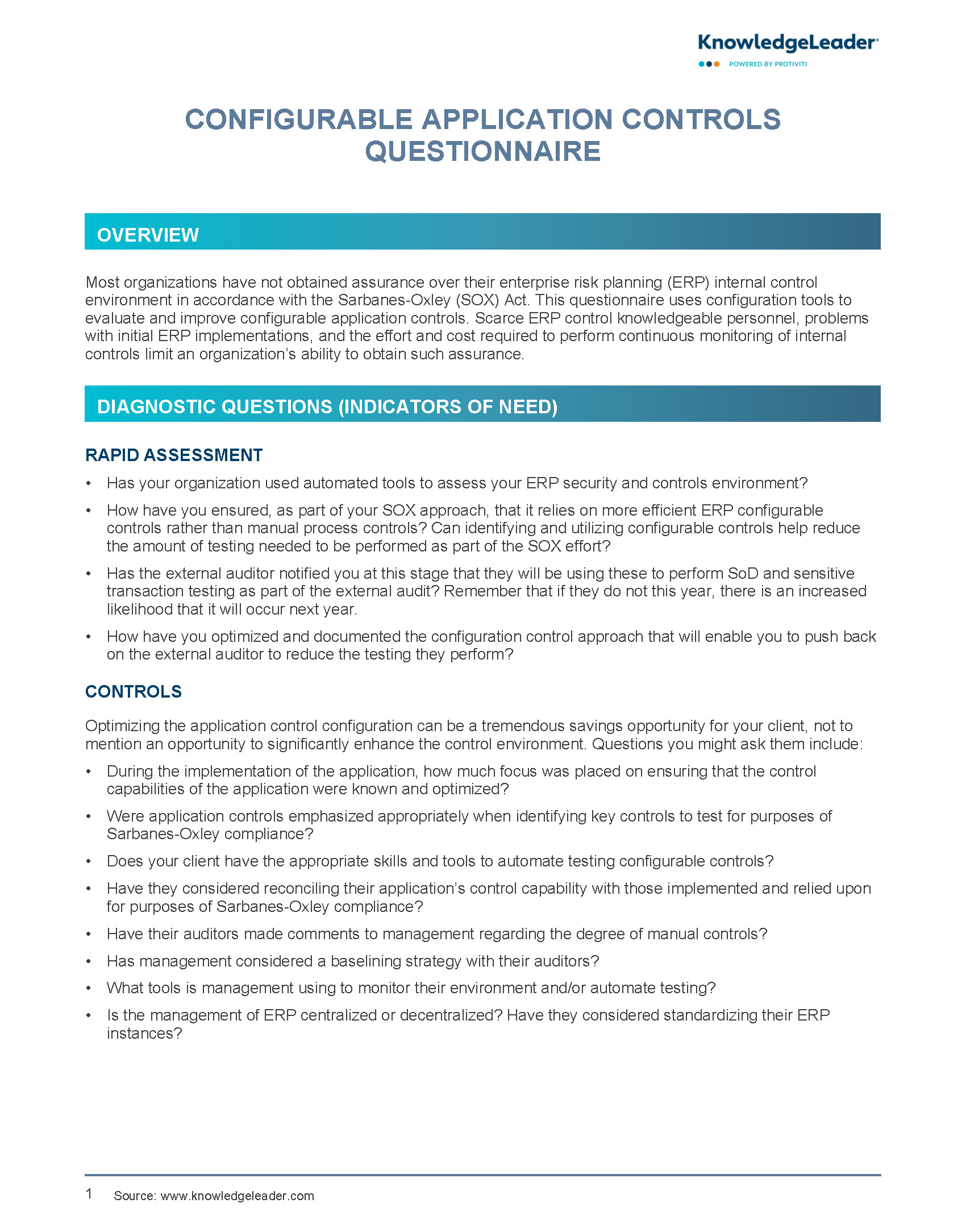 Screenshot of the first page of Configurable Application Controls Questionnaire