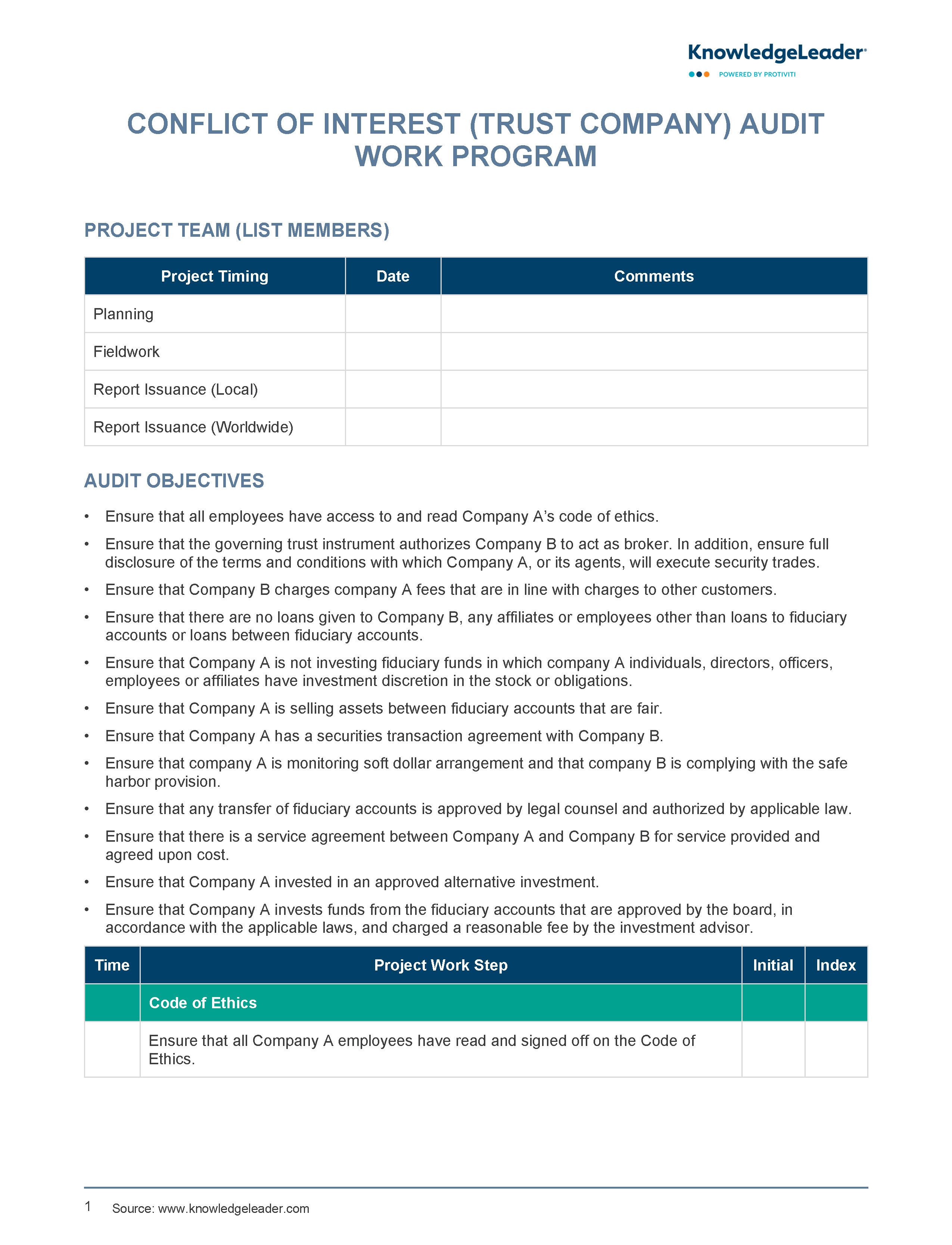 Screenshot of the first page of Conflict of Interest (Trust Company) Audit Work Program