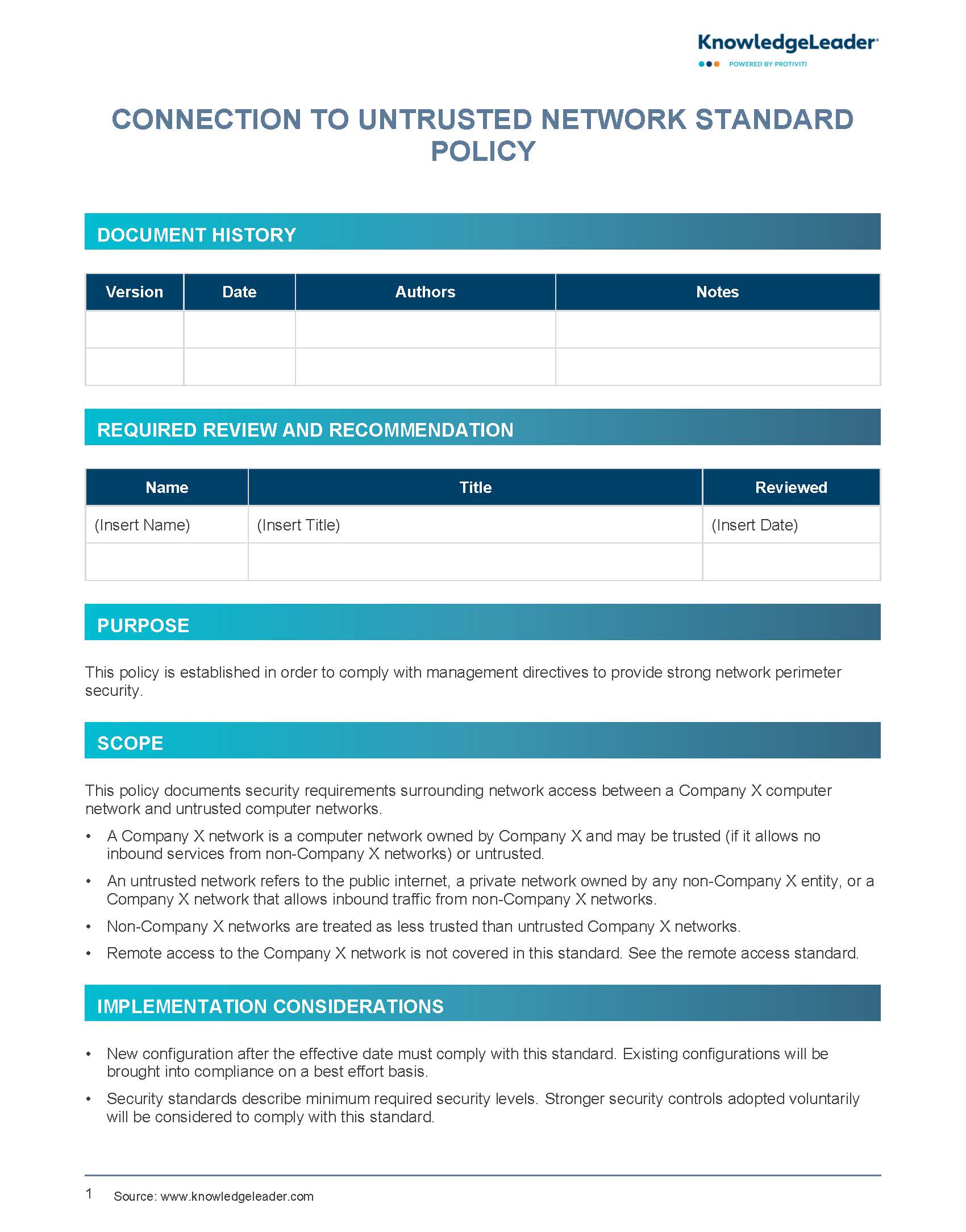 Screenshot of the first page of Connection to Untrusted Network Standard Policy