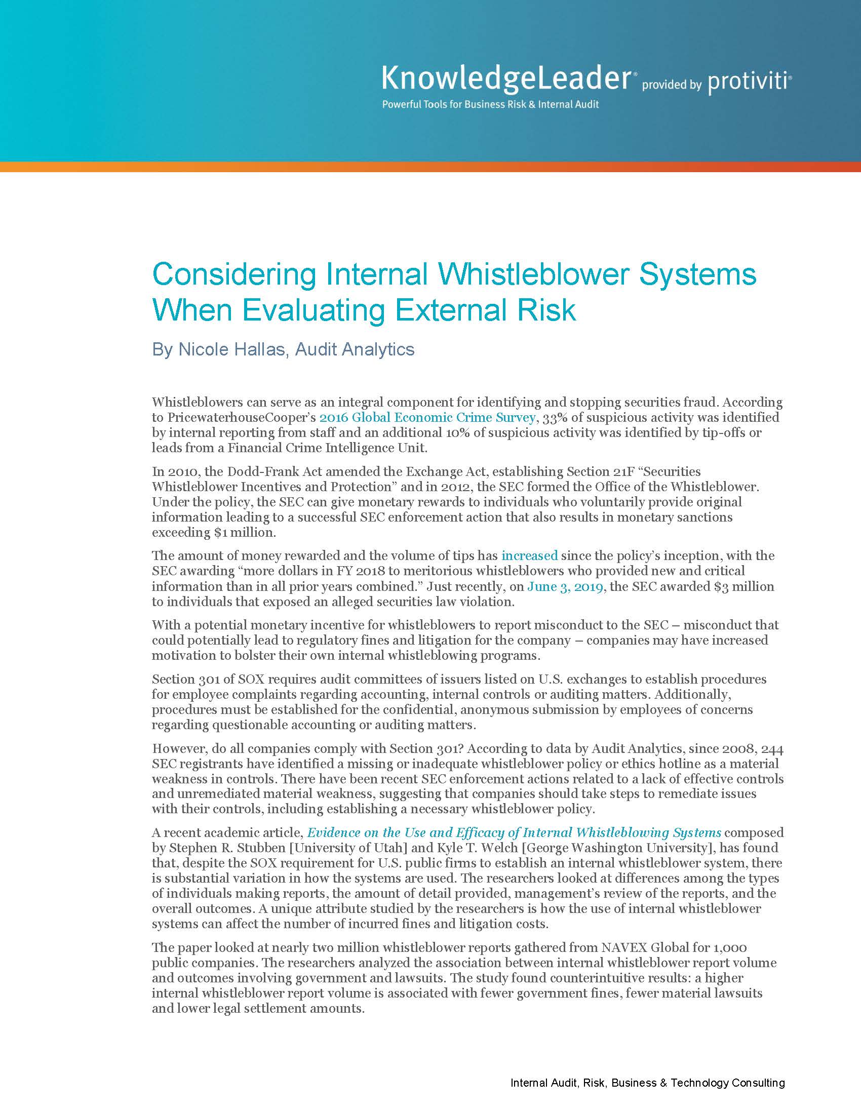 Screenshot of the first page of Considering Internal Whistleblower Systems When Evaluating External Risk