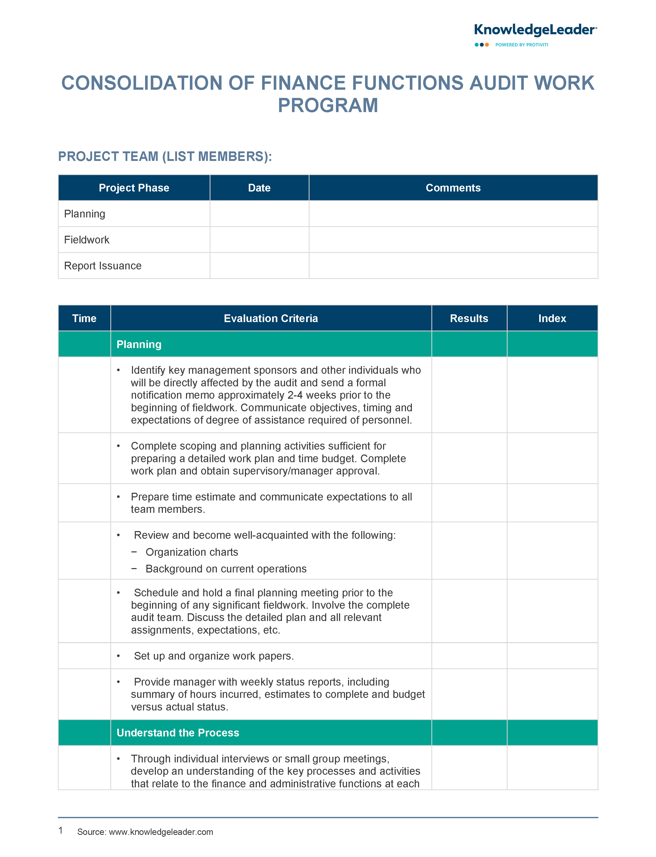 screenshot of the first page of Consolidation of Finance Functions Audit Work Program