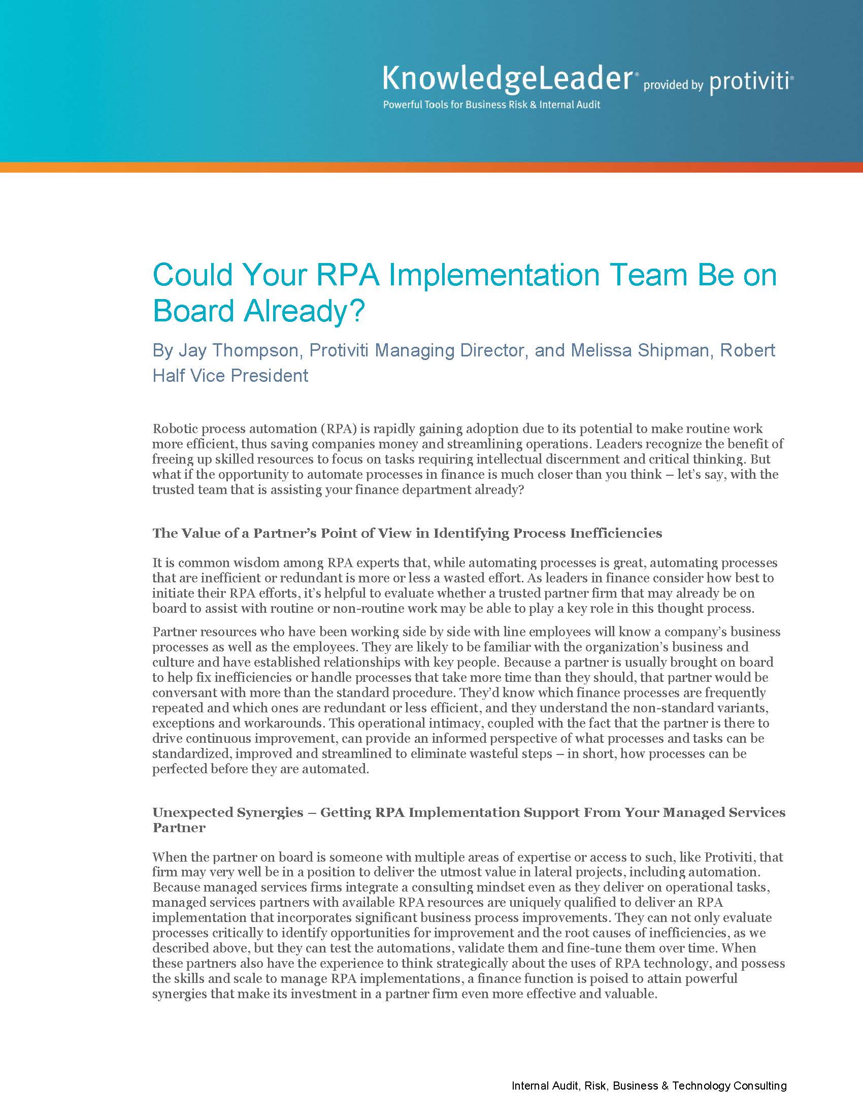 Screenshot of the first page of Could Your RPA Implementation Team Be on Board Already?