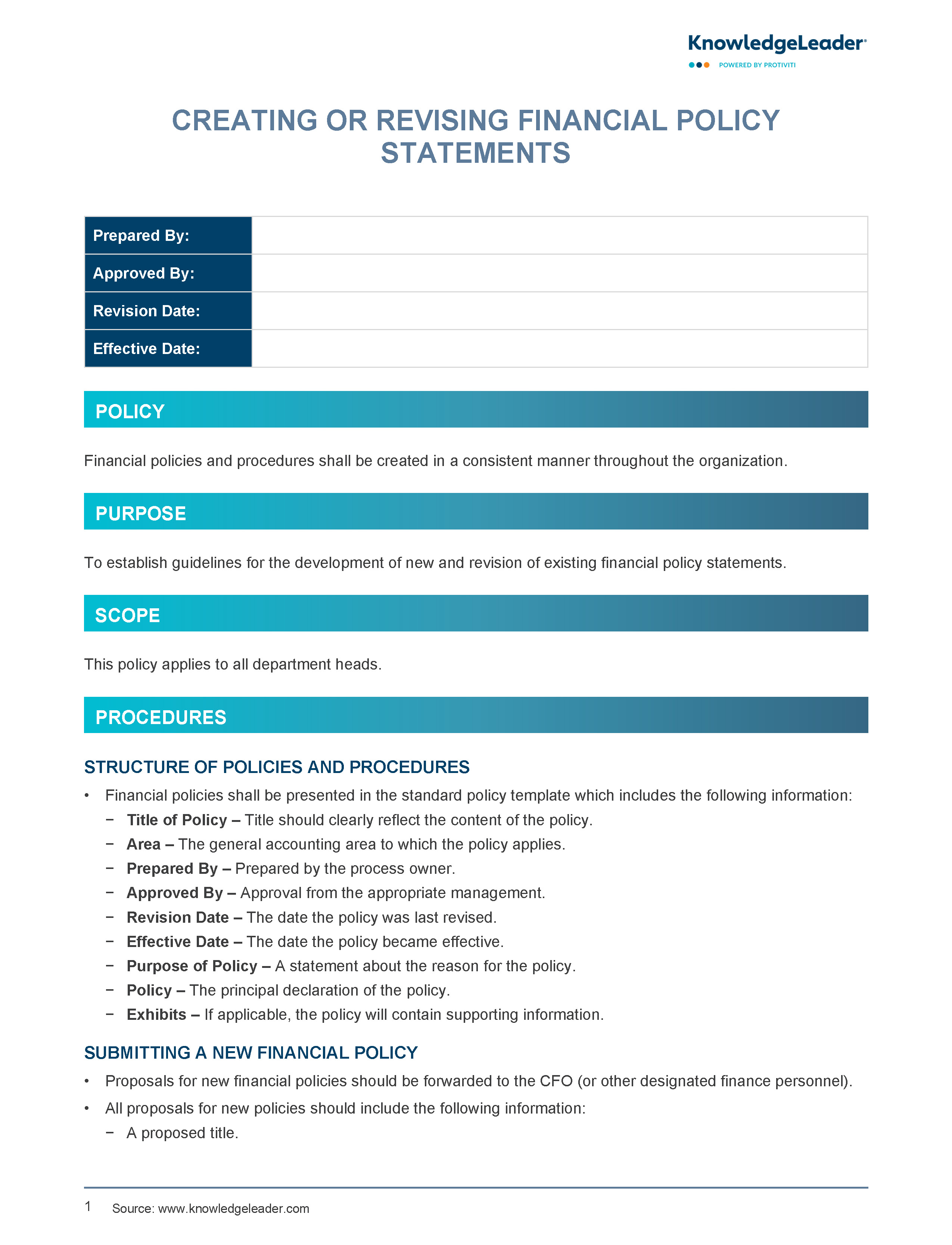 Screenshot of the first page of Creating or Revising Financial Policies