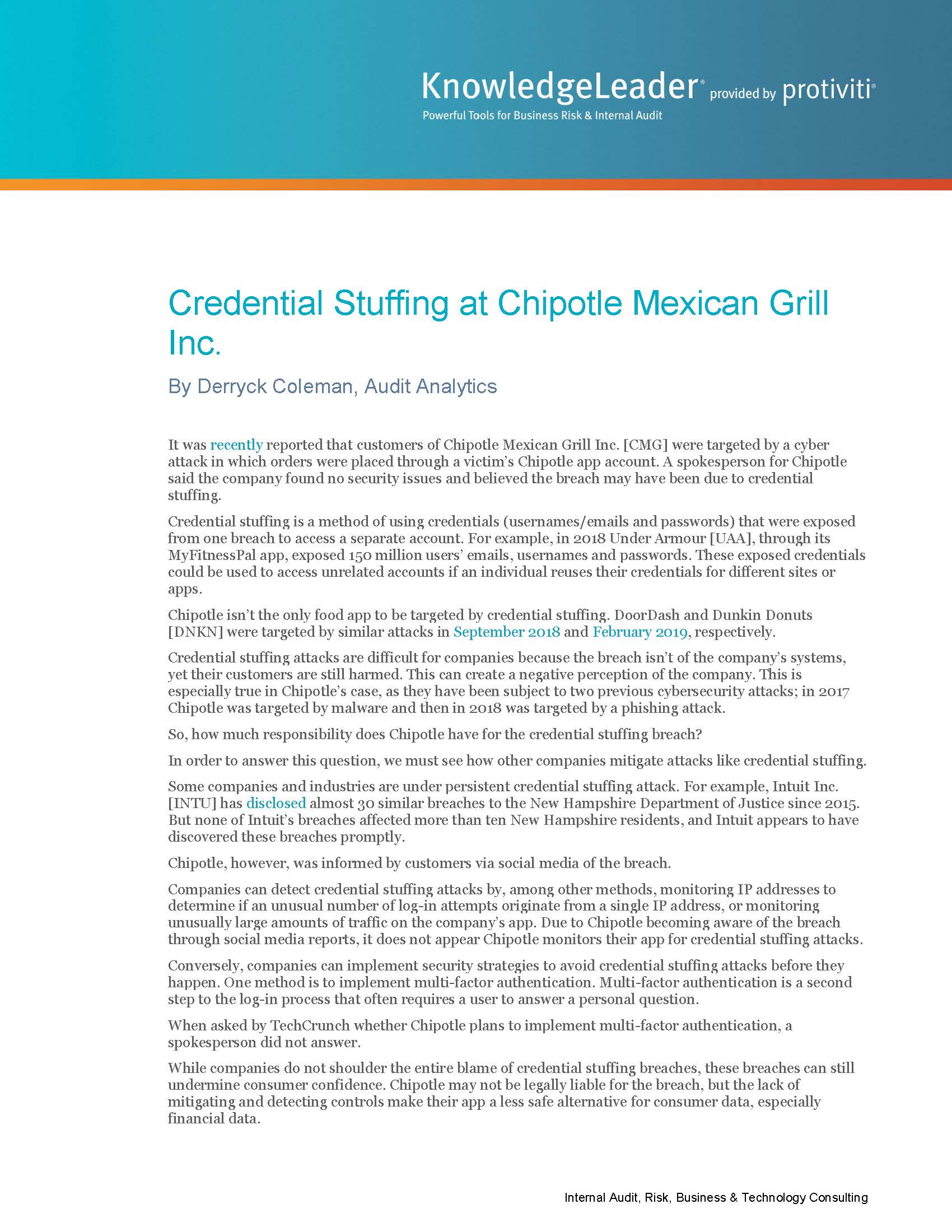 Screenshot of the first page of Credential Stuffing at Chipotle Mexican Grill Inc.